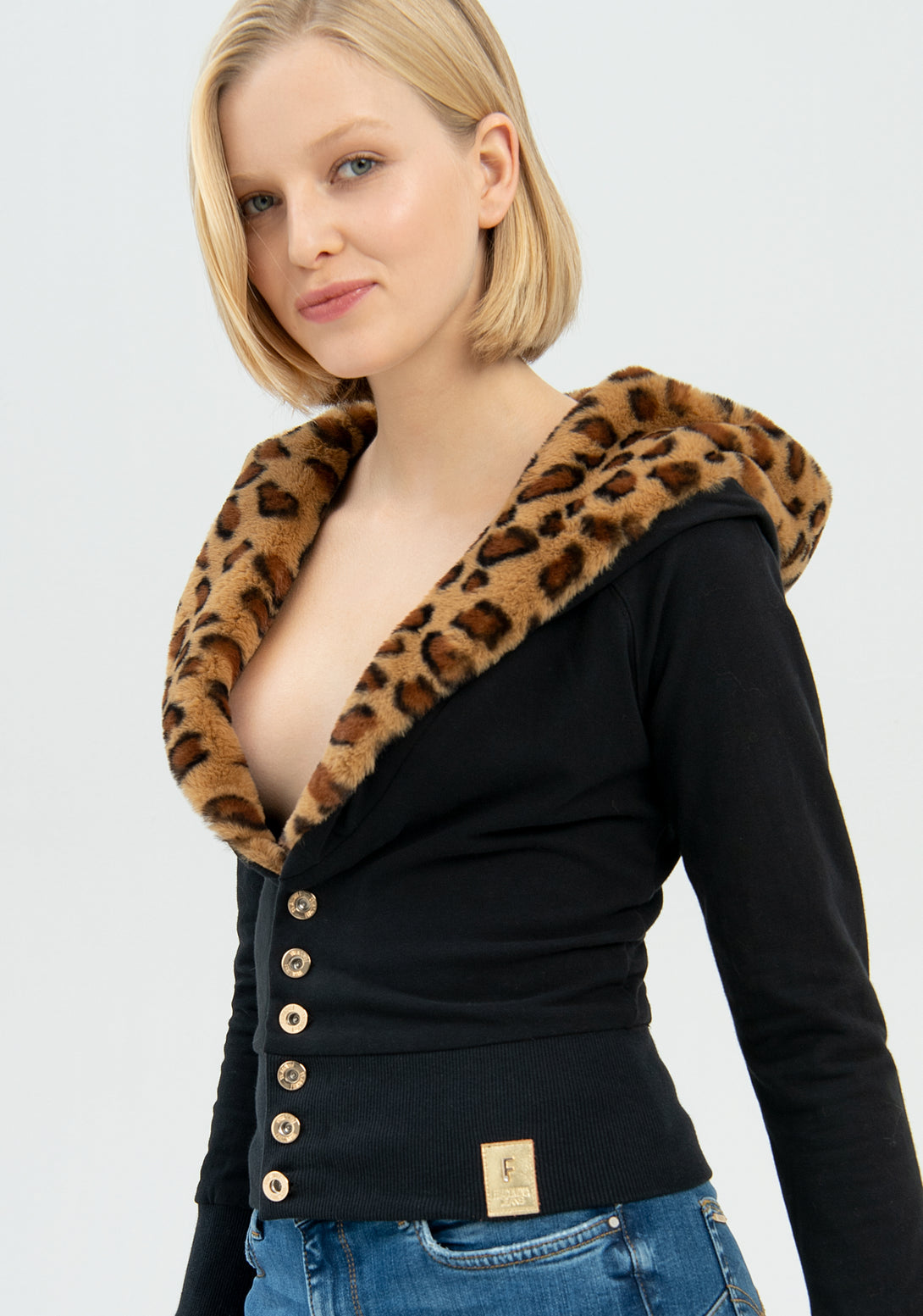 Sweater slim fit with hood with eco fur with animalier effect Fracomina FP22WT9003F43201-053-2