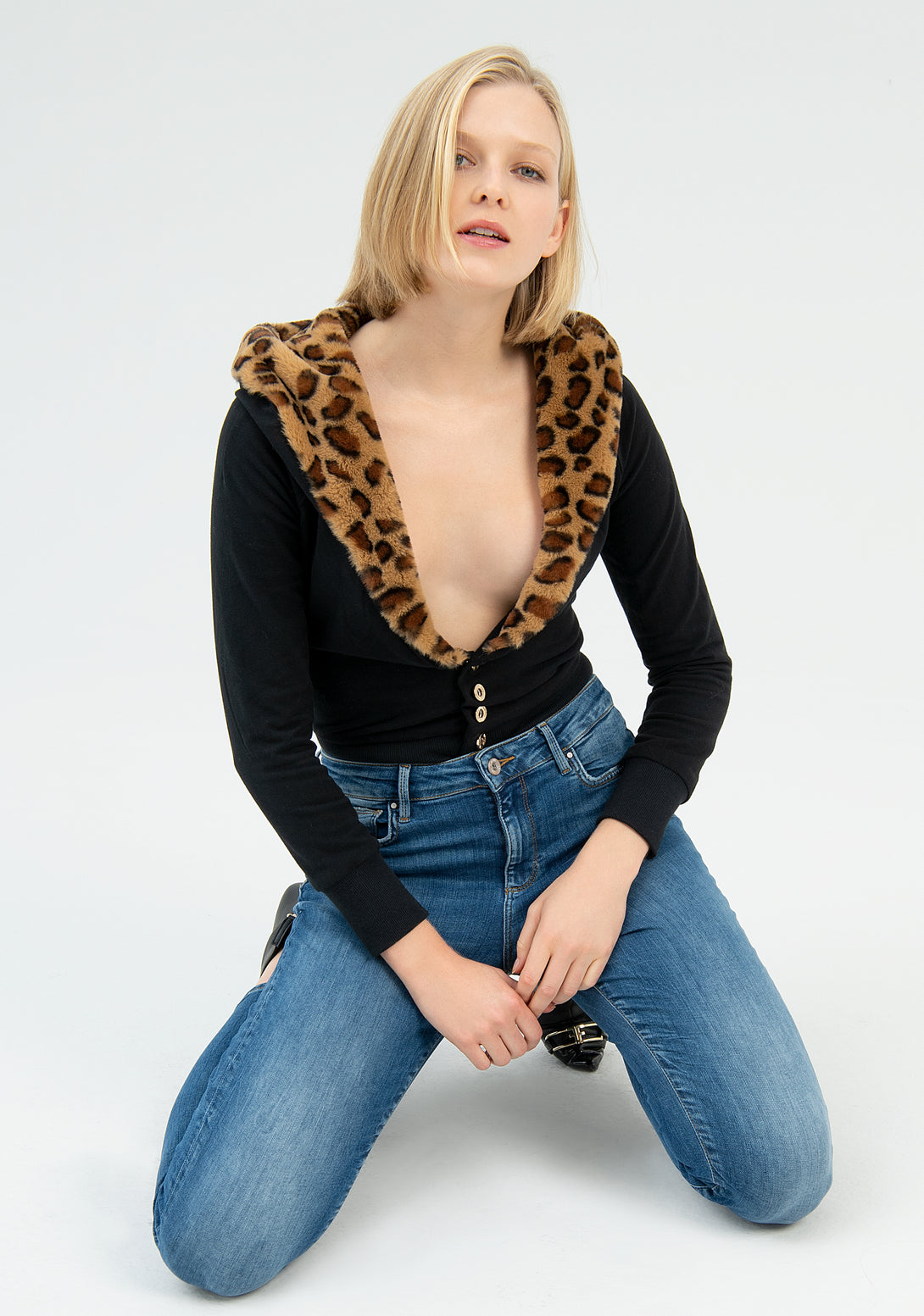 Sweater slim fit with hood with eco fur with animalier effect Fracomina FP22WT9003F43201-053-3