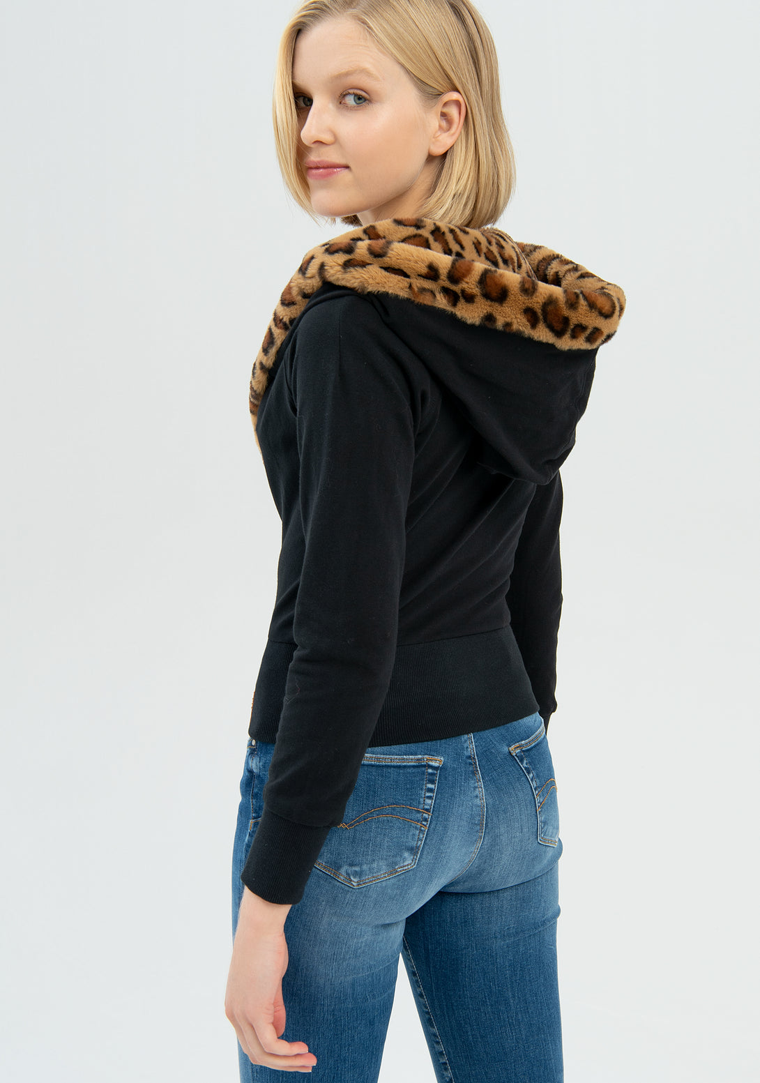 Sweater slim fit with hood with eco fur with animalier effect Fracomina FP22WT9003F43201-053-4