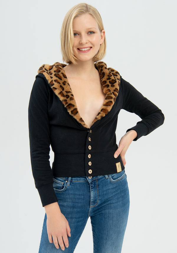 Sweater slim fit with hood with eco fur with animalier effect Fracomina FP22WT9003F43201-053
