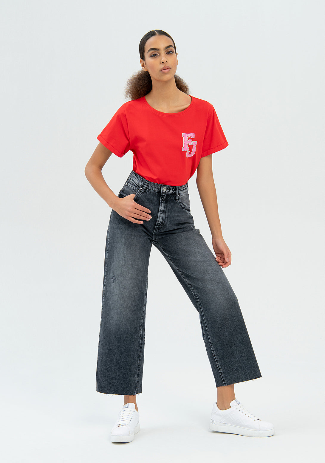 Jeans wide leg cropped made in black denim with middle wash Fracomina FP22WV2006D429O1-L26