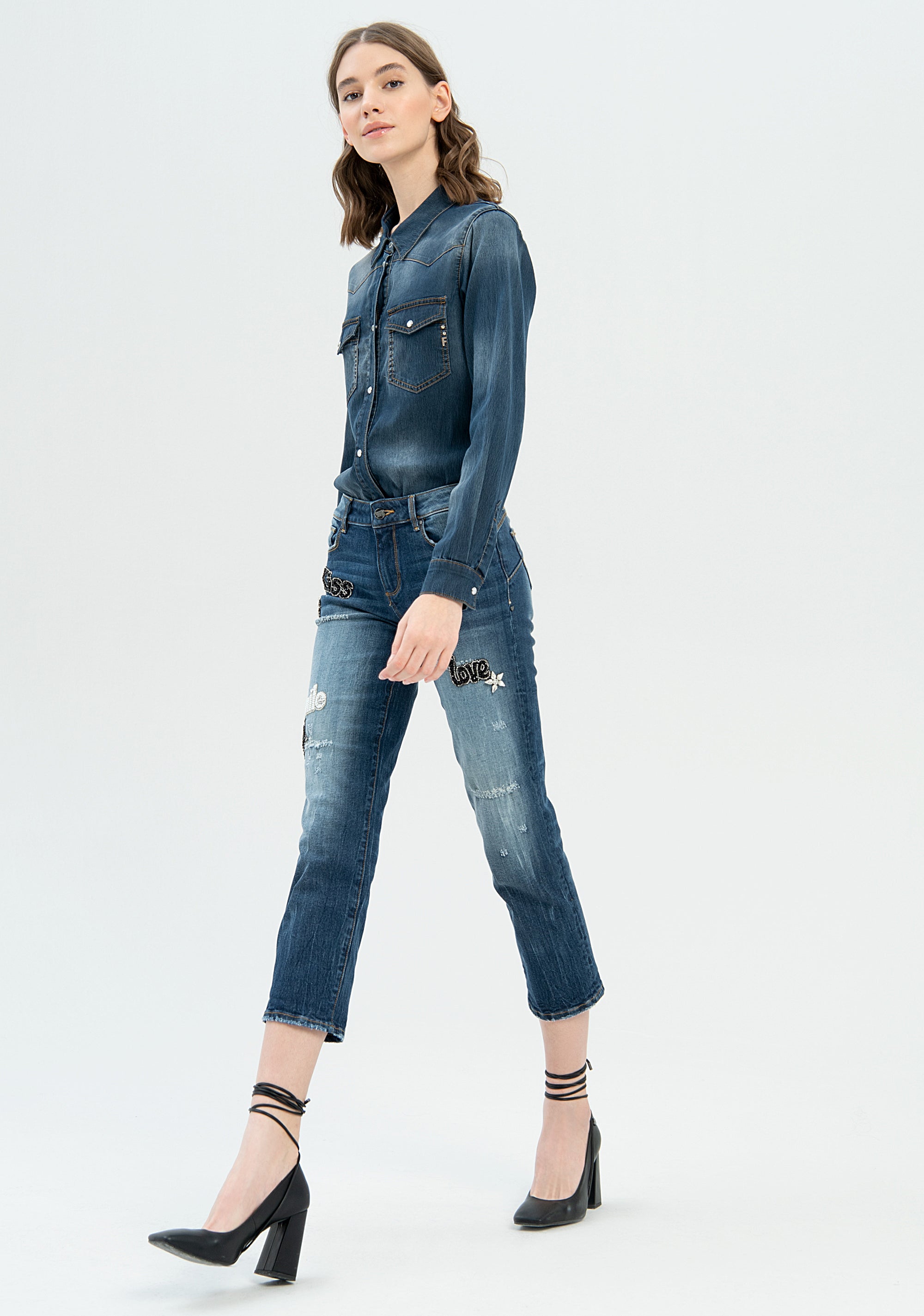 Jeans cropped with shape-up effect made in black denim with strong wash Fracomina FP22WV8031D420G5-430-4