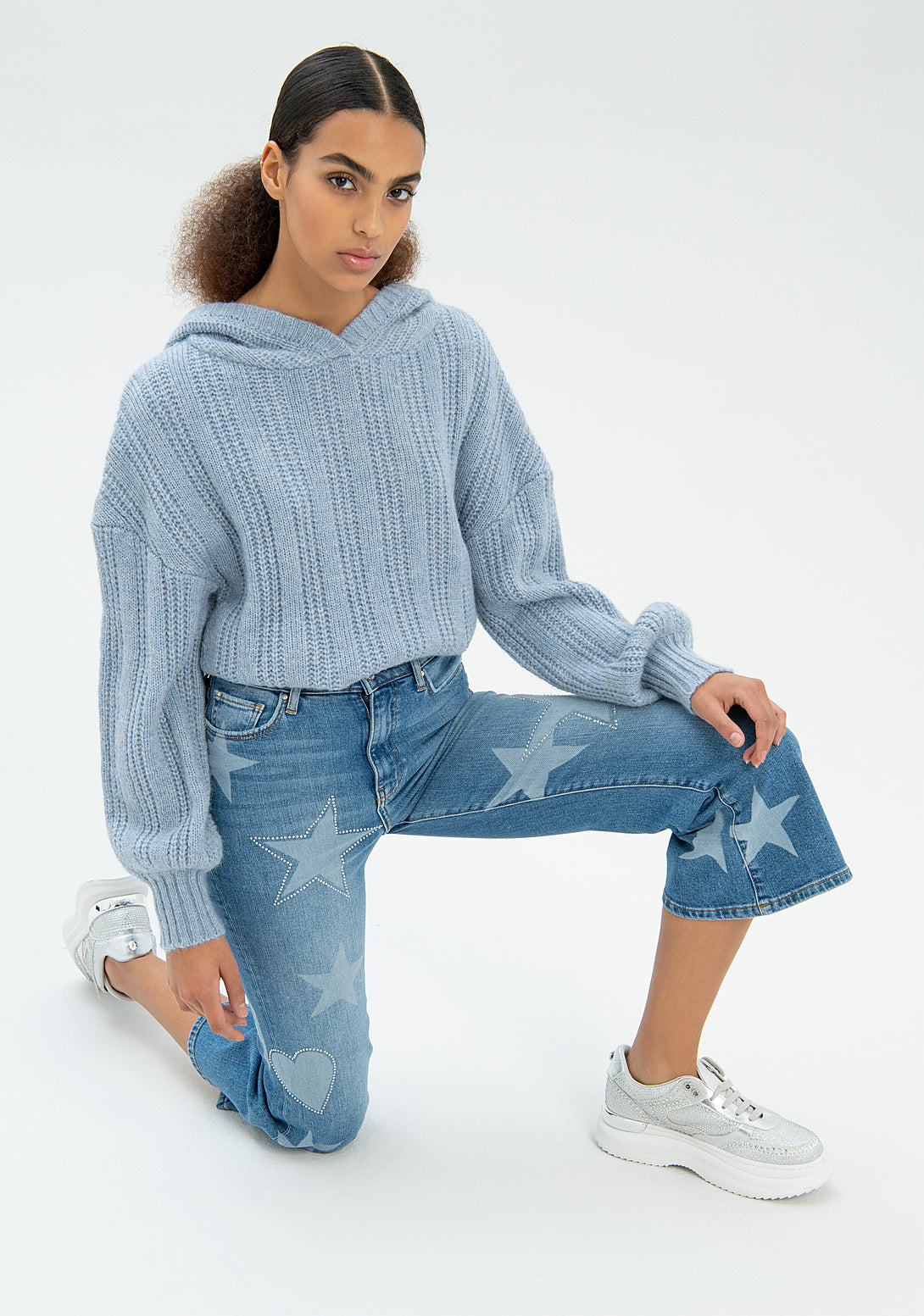 Jeans flare cropped made in denim with symbols pattern Fracomina FP22WV9006D41893-349-3