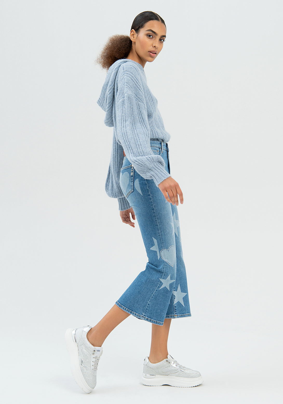 Jeans flare cropped made in denim with symbols pattern Fracomina FP22WV9006D41893-349-4
