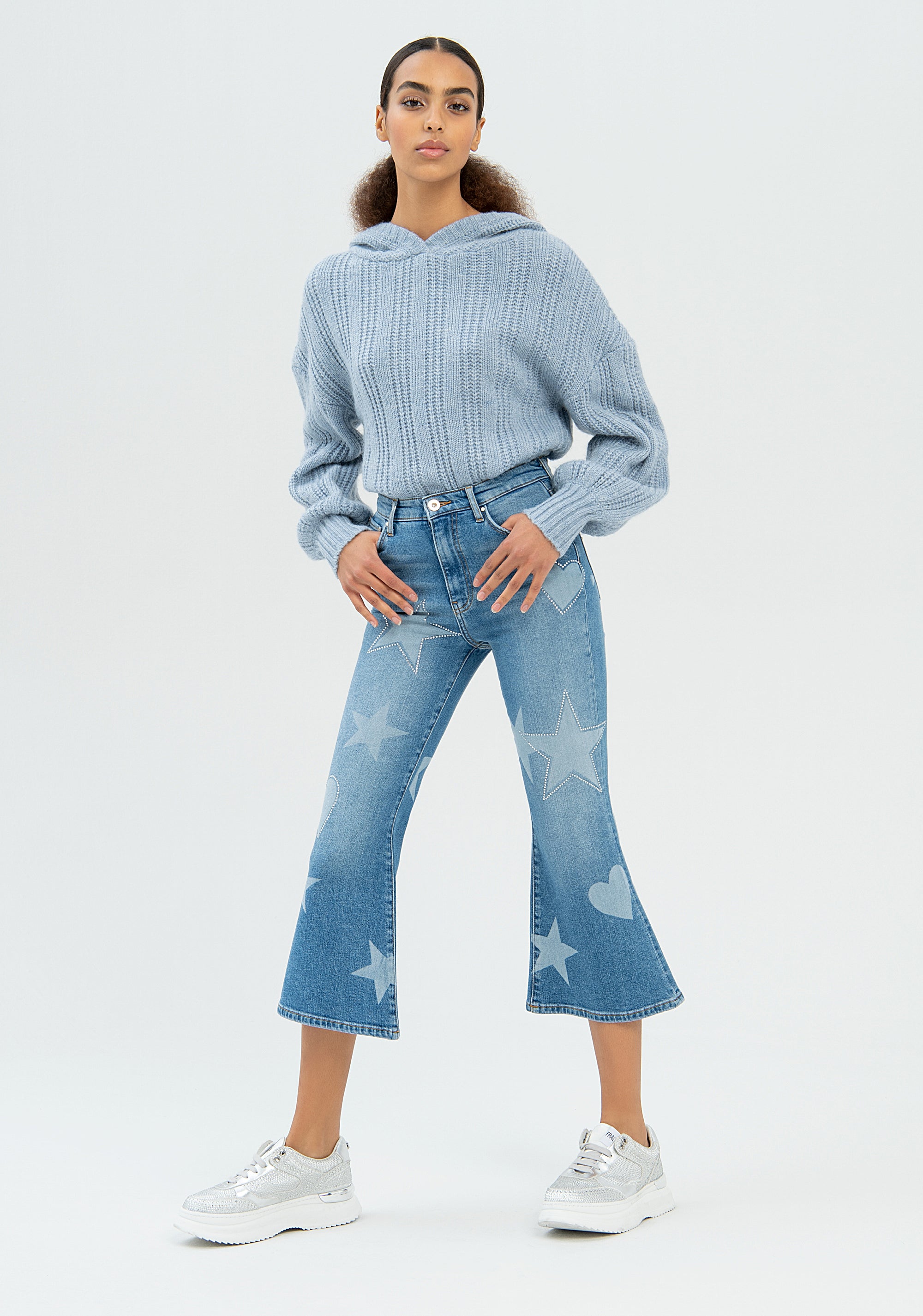 Jeans flare cropped made in denim with symbols pattern Fracomina FP22WV9006D41893-349