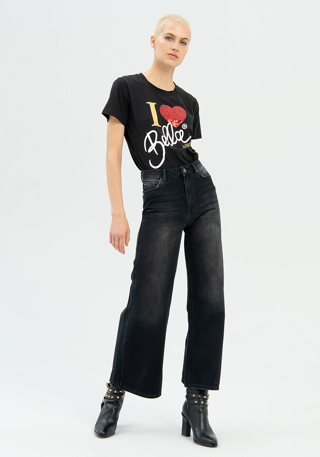 Jeans flare cropped made in black denim with middle wash Fracomina FP22WVB001D40104-H21-4