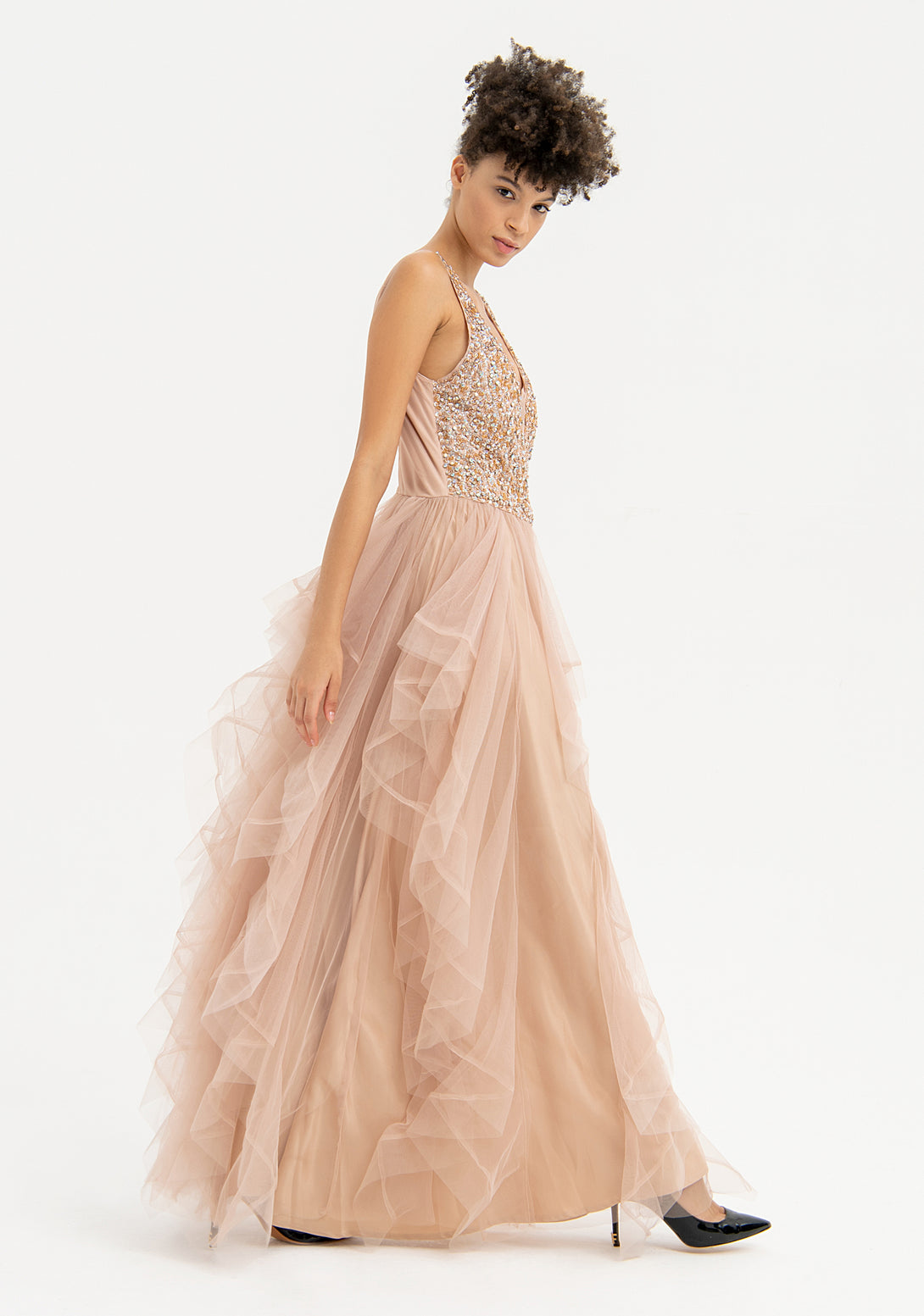 Dress with tulle bodice and flounces