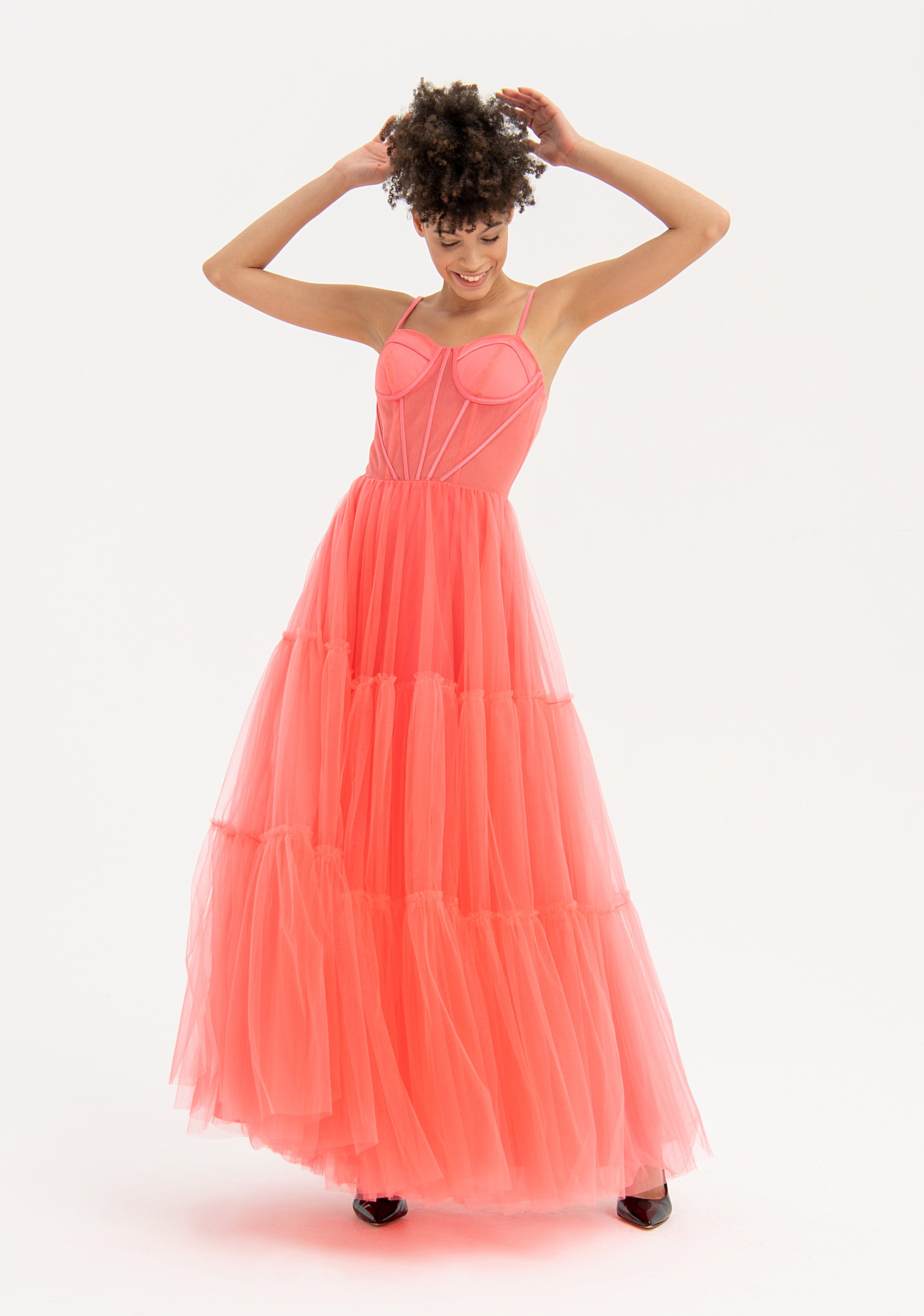 Long tulle dress with coral bodice Fracomina FQ22SD3009W463Q5-107_087a63d6-ccd2-4cd0-84ad-c5446f9645da