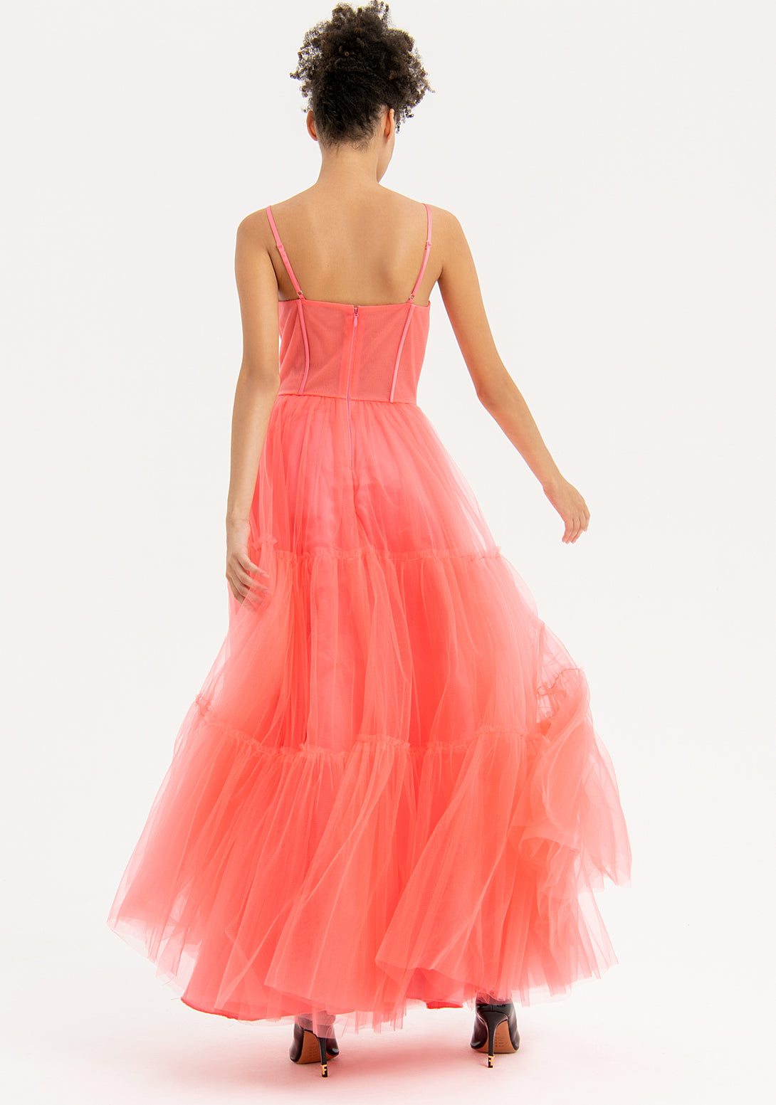 Long tulle dress with coral bodice