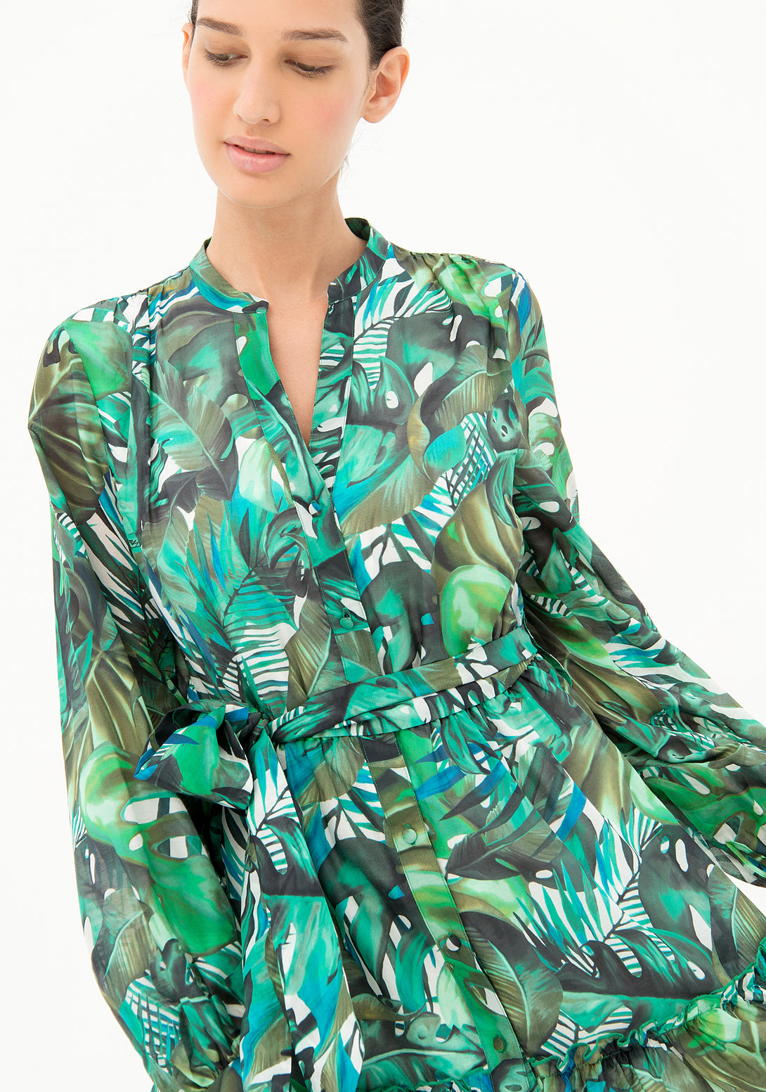 Chemisier dress A-shaped with tropical pattern
