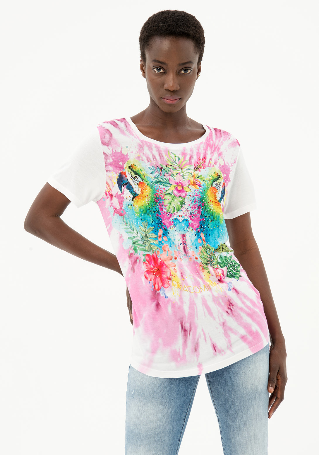 T-shirt wide fit with print and multicolor strasses Fracomina FR21ST3038J41310