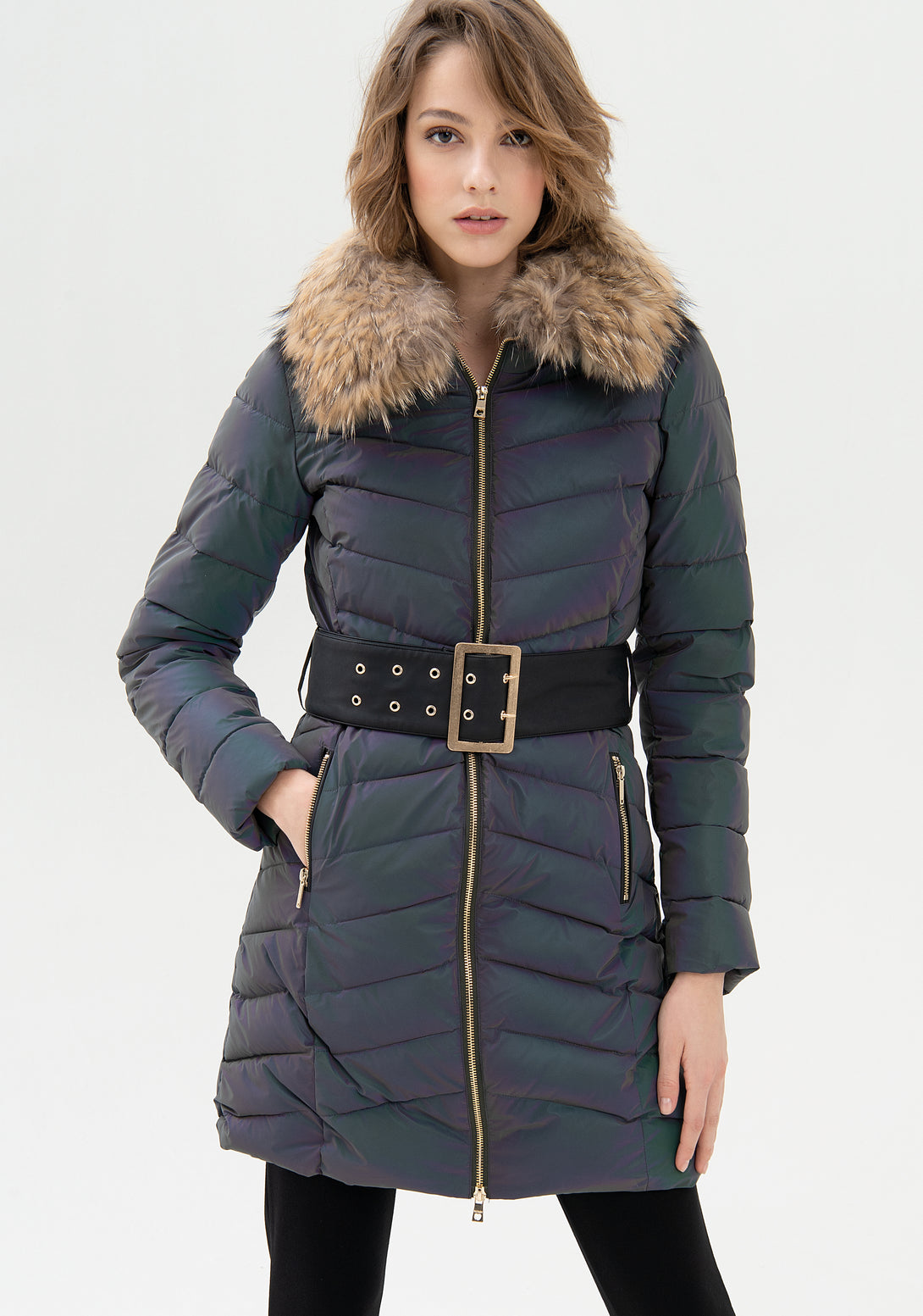 Padded jacket regular fit, long, made in quilted shimmering nylon Fracomina FR21WC3001O43001-I63