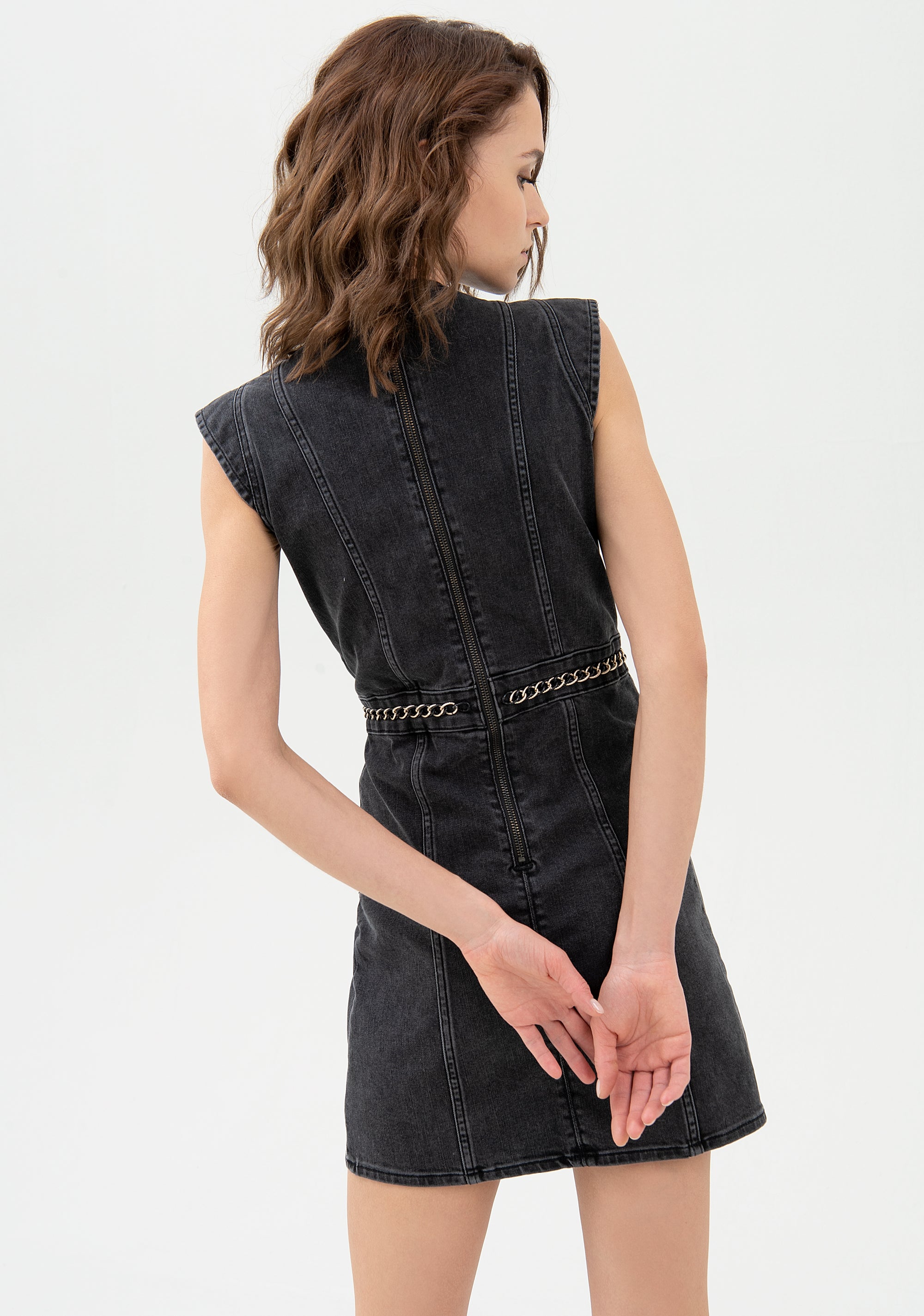 Mini dress tight fit made in black denim with dark wash Fracomina FR21WD4002D40901-H21_03