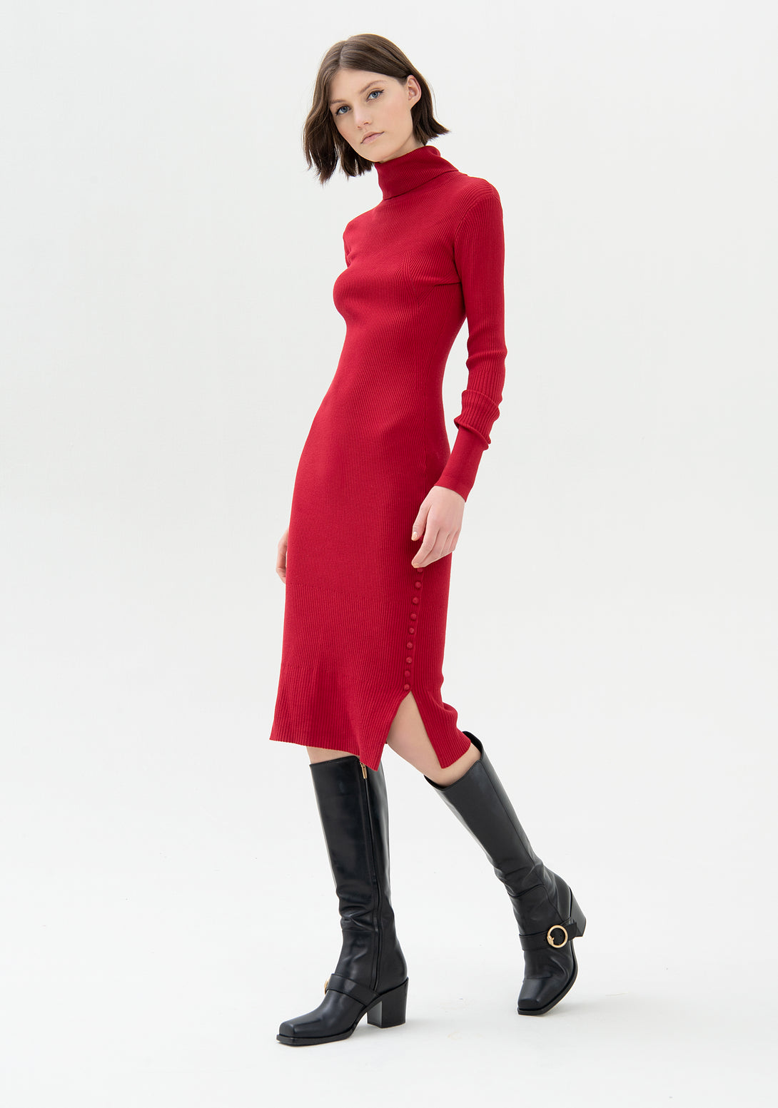Knitted dress tight fit middle length made with rib stitch