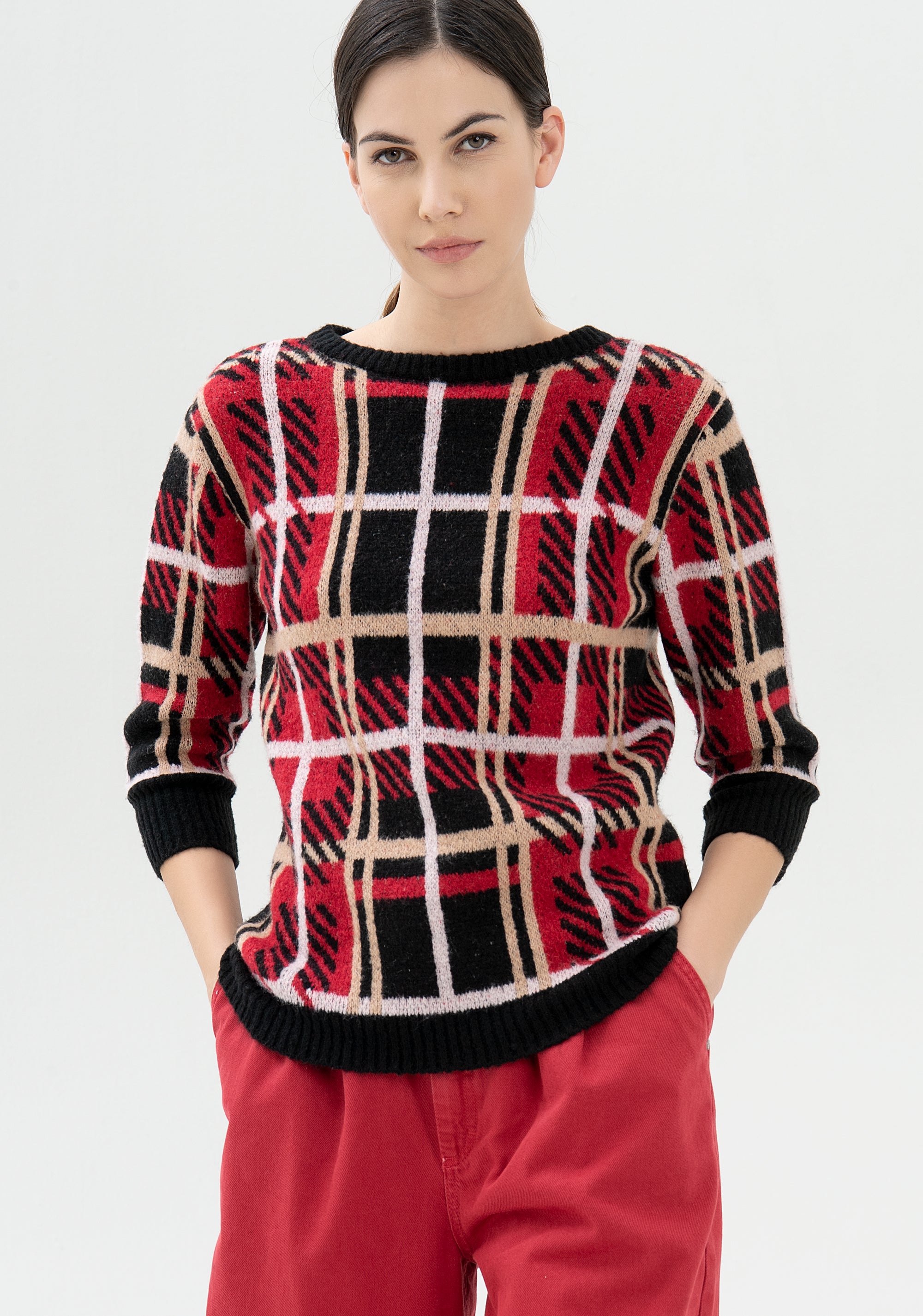 Knitwear regular fit made with squared jacquard effect Fracomina FR21WT7021K457F8-C67_01