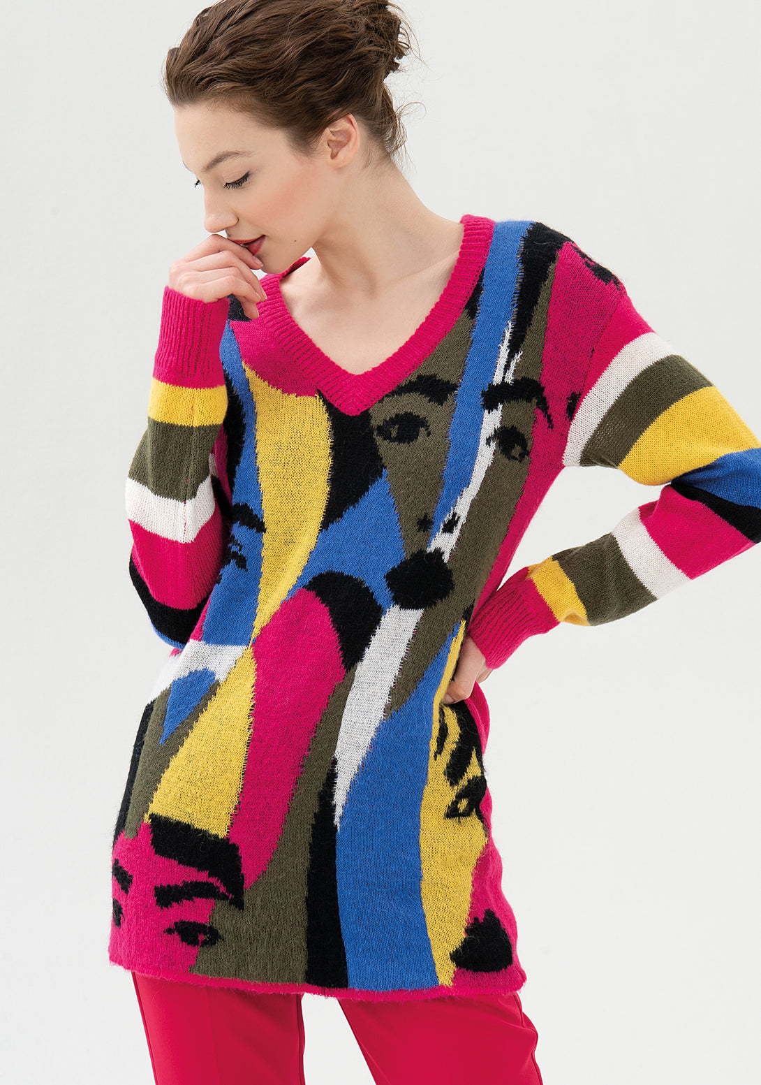 Knitwear over fit, long, with multicolor jacquard effect