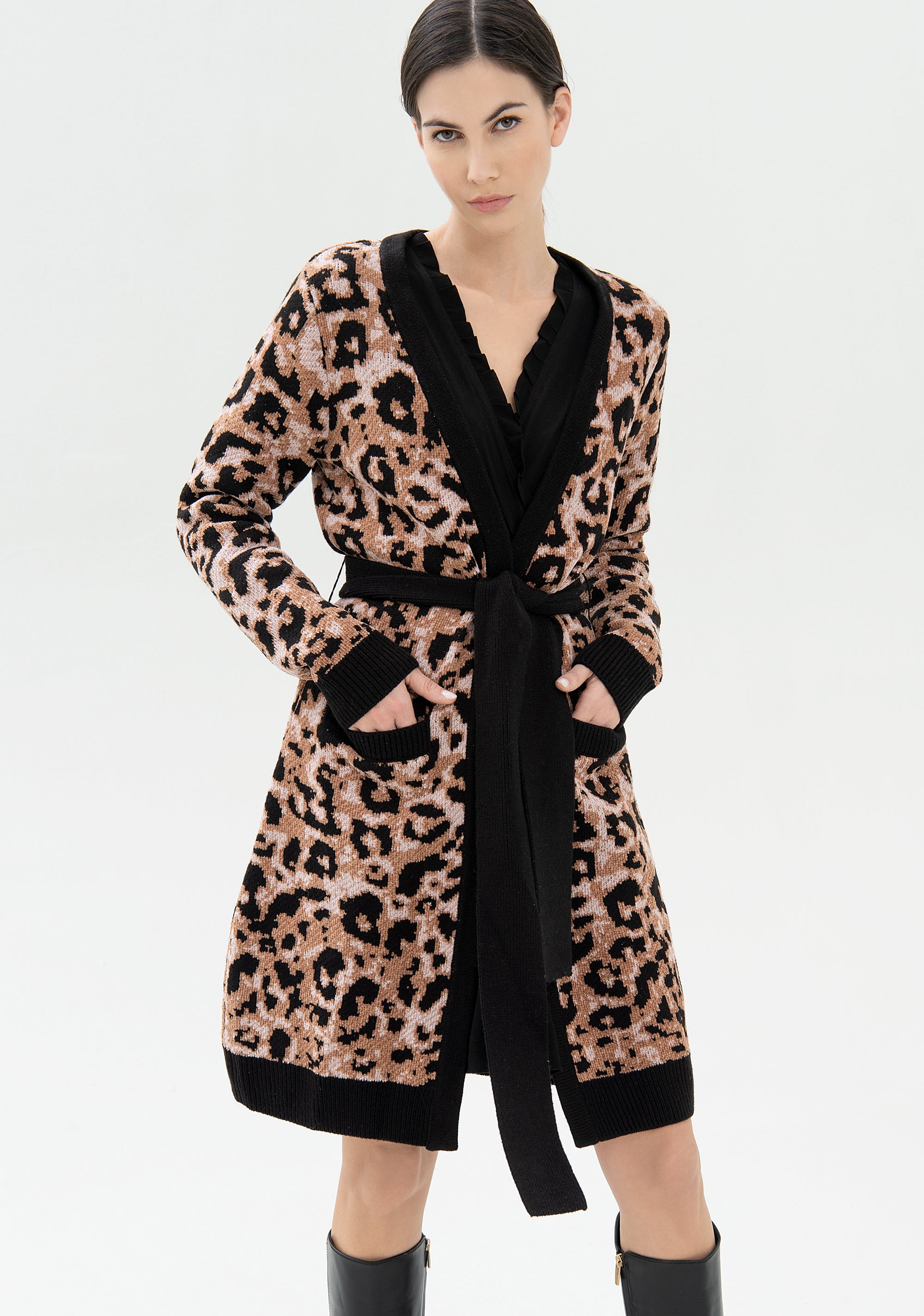 Cardigan regular fit, long, with animalier jacquard effect Fracomina FR21WT8008K456F8-E08_01