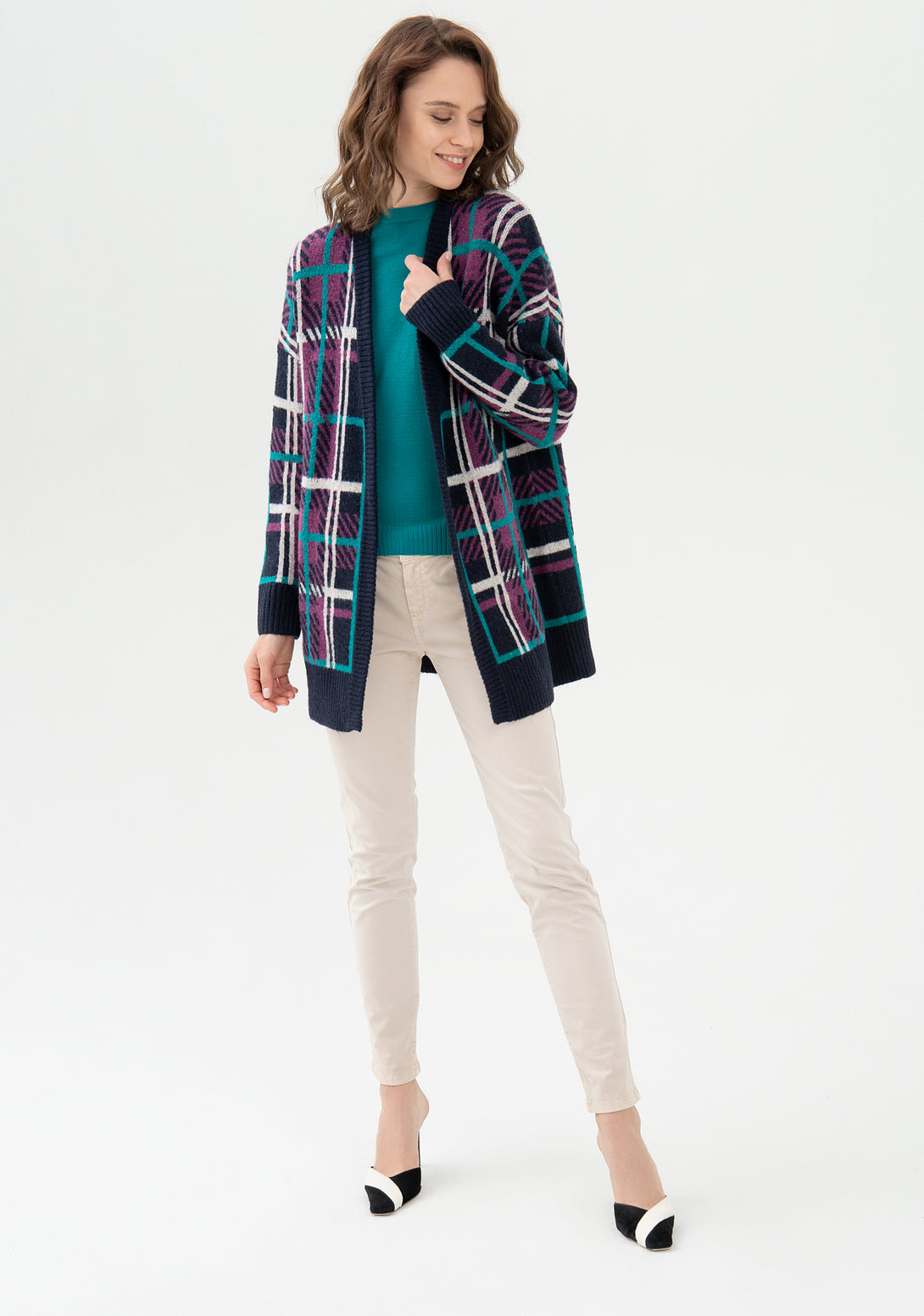 Cardigan over fit, long, with tartan jacquard effect