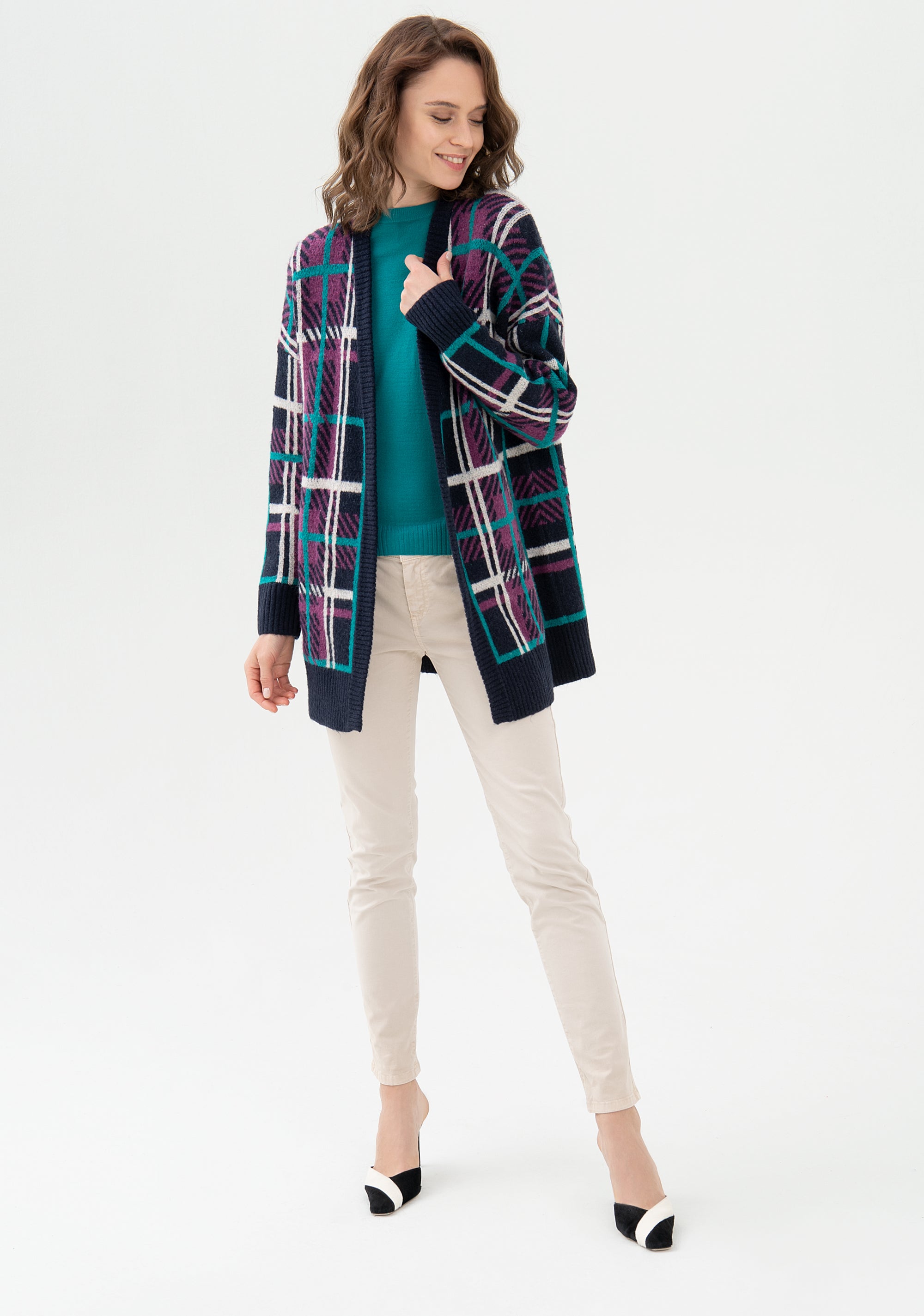 Cardigan over fit, long, with tartan jacquard effect Fracomina FR21WT8011K457F8-I66_01