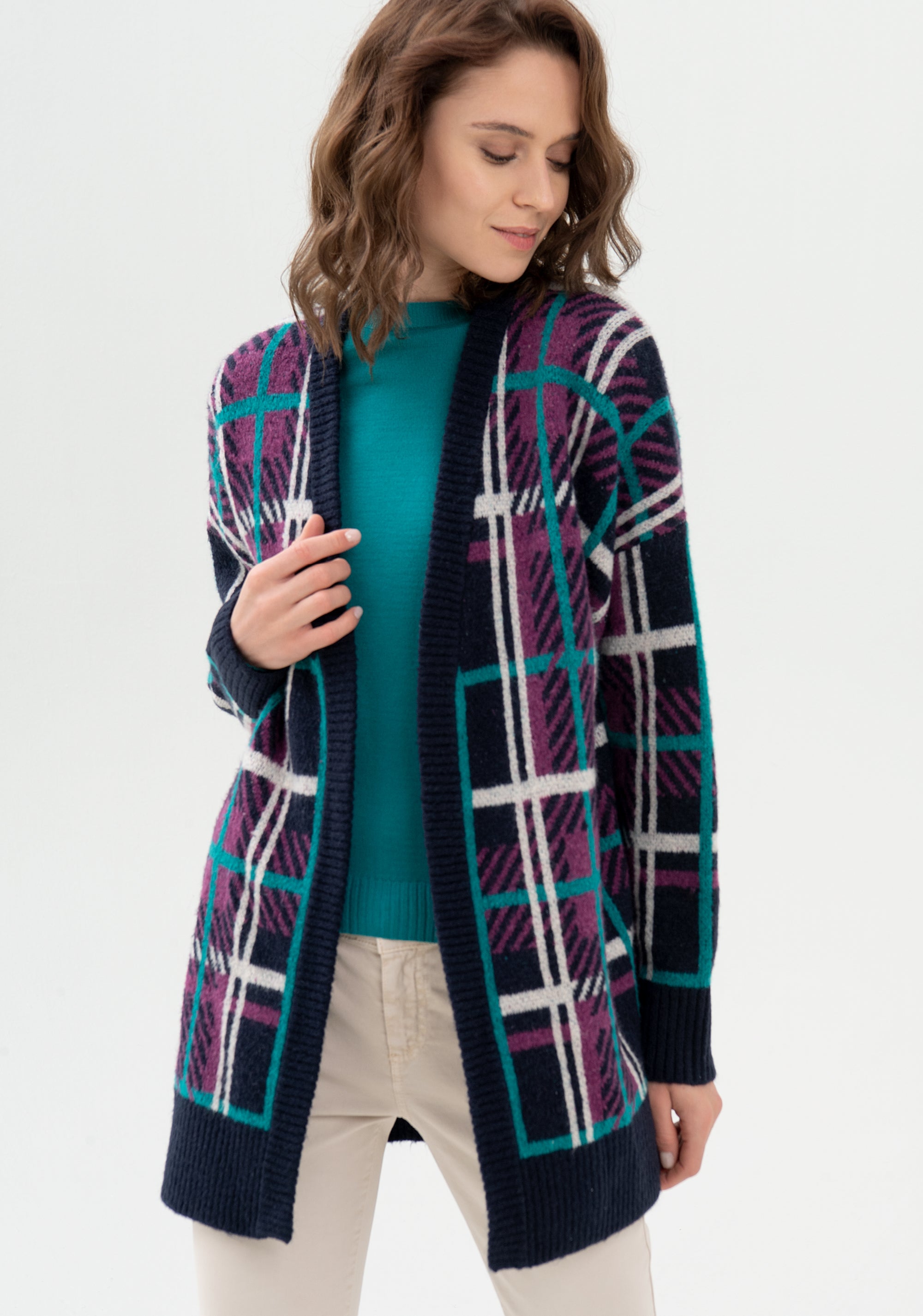 Cardigan over fit, long, with tartan jacquard effect Fracomina FR21WT8011K457F8-I66_03