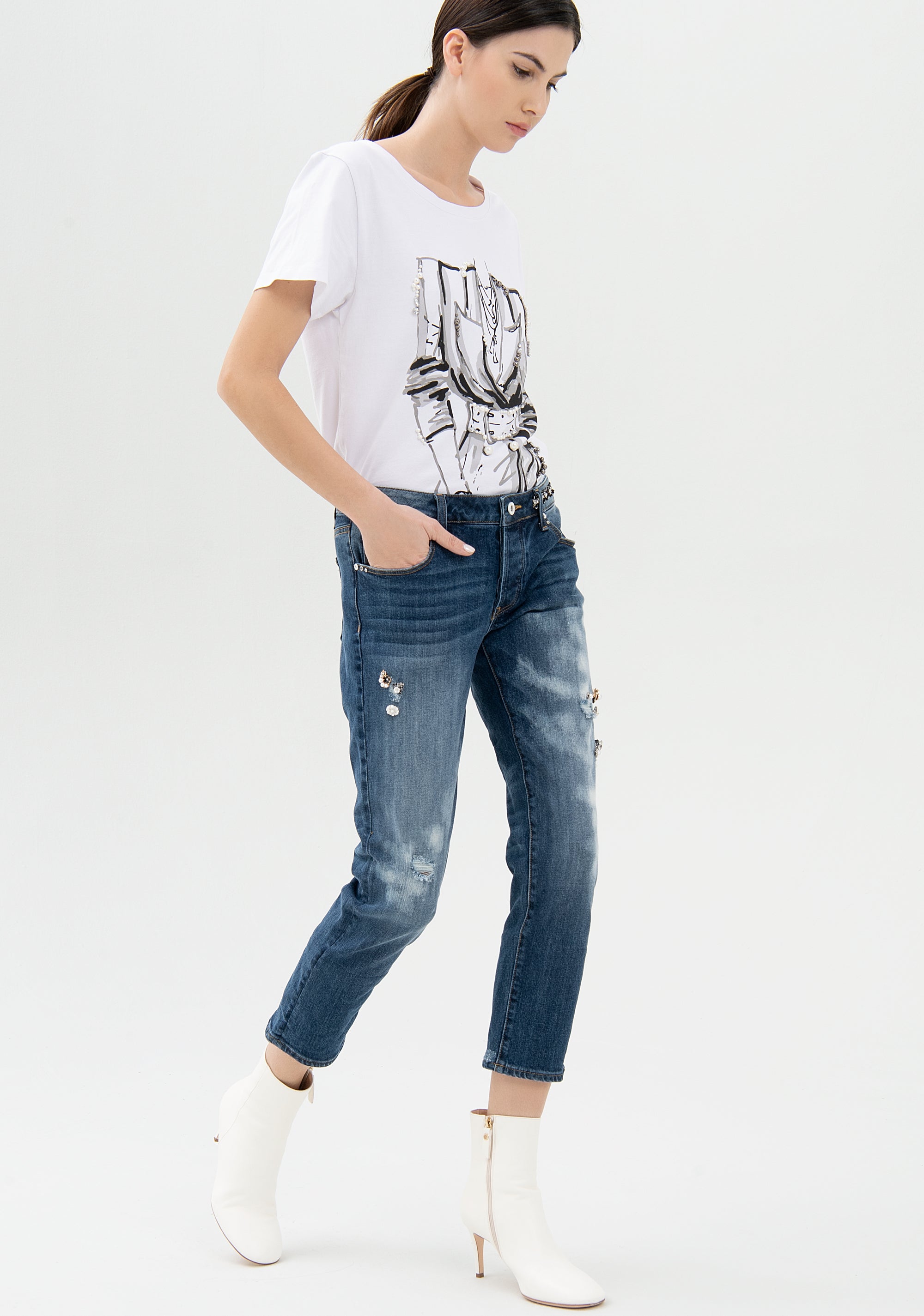 Jeans loose fit cropped made in denim with dark wash Fracomina FR21WV5001D401N7-883_03