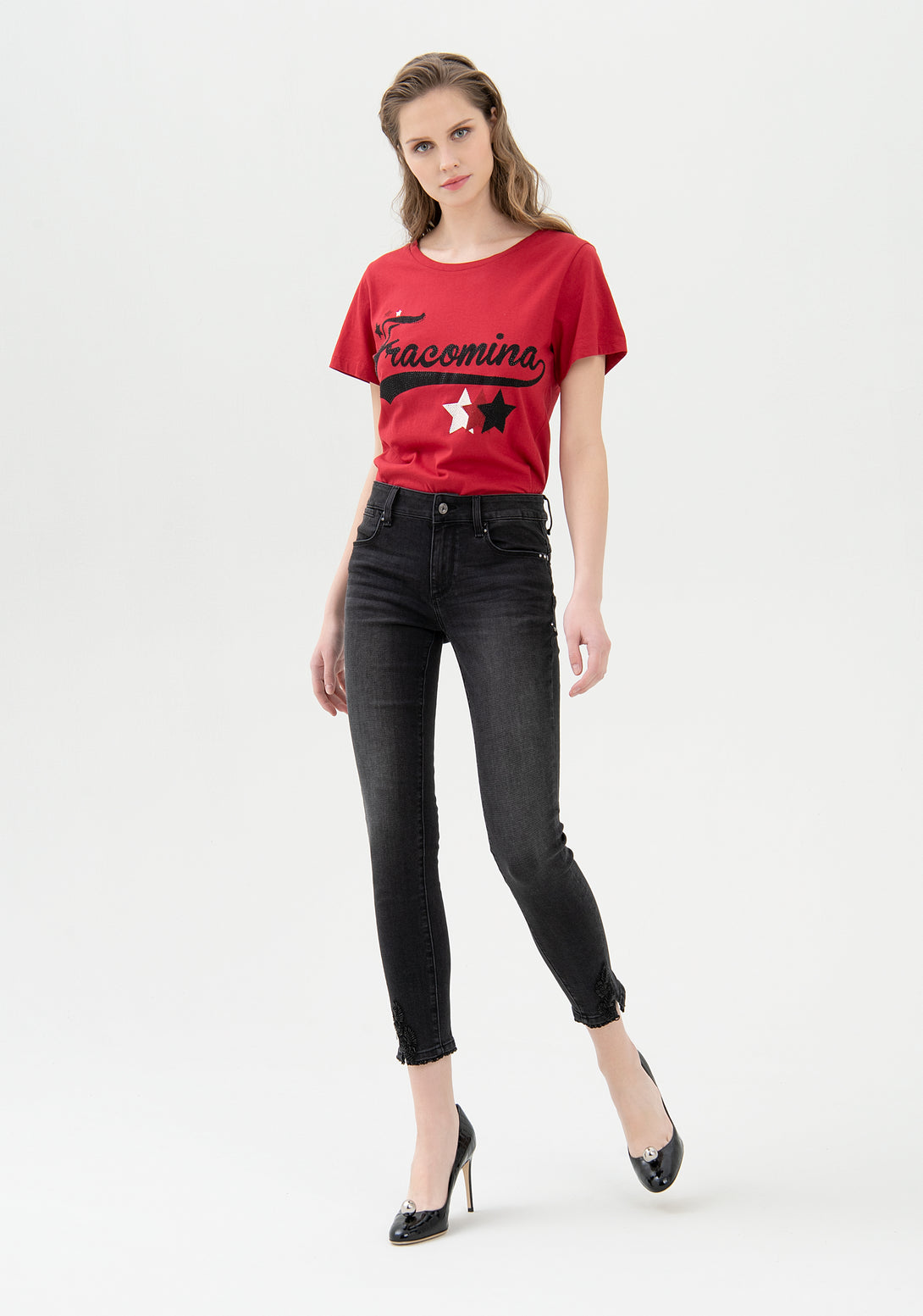 Jeans skinny fit cropped with push-up effect made in denim with dark wash