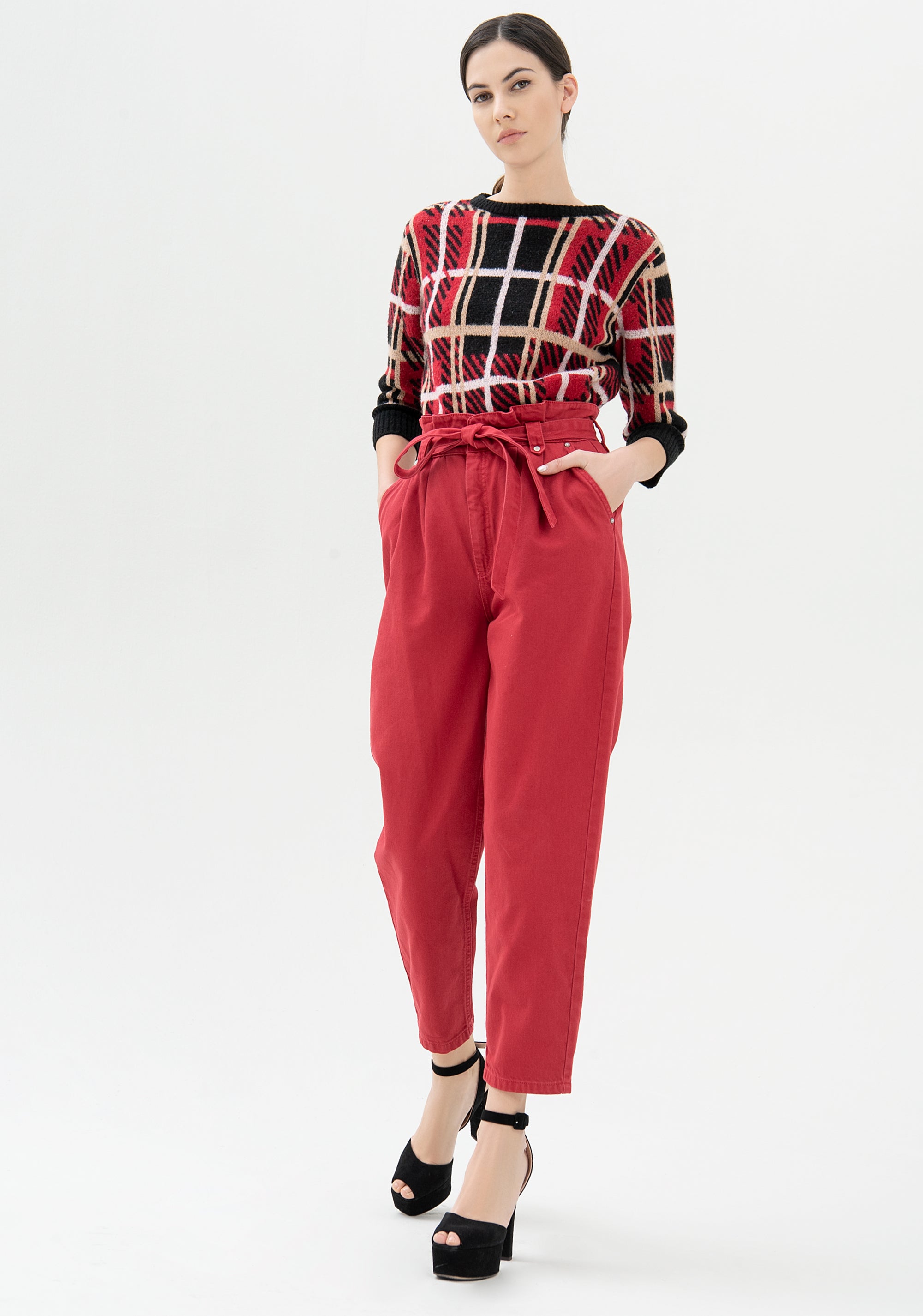 Red tartan clearance paper bag trousers