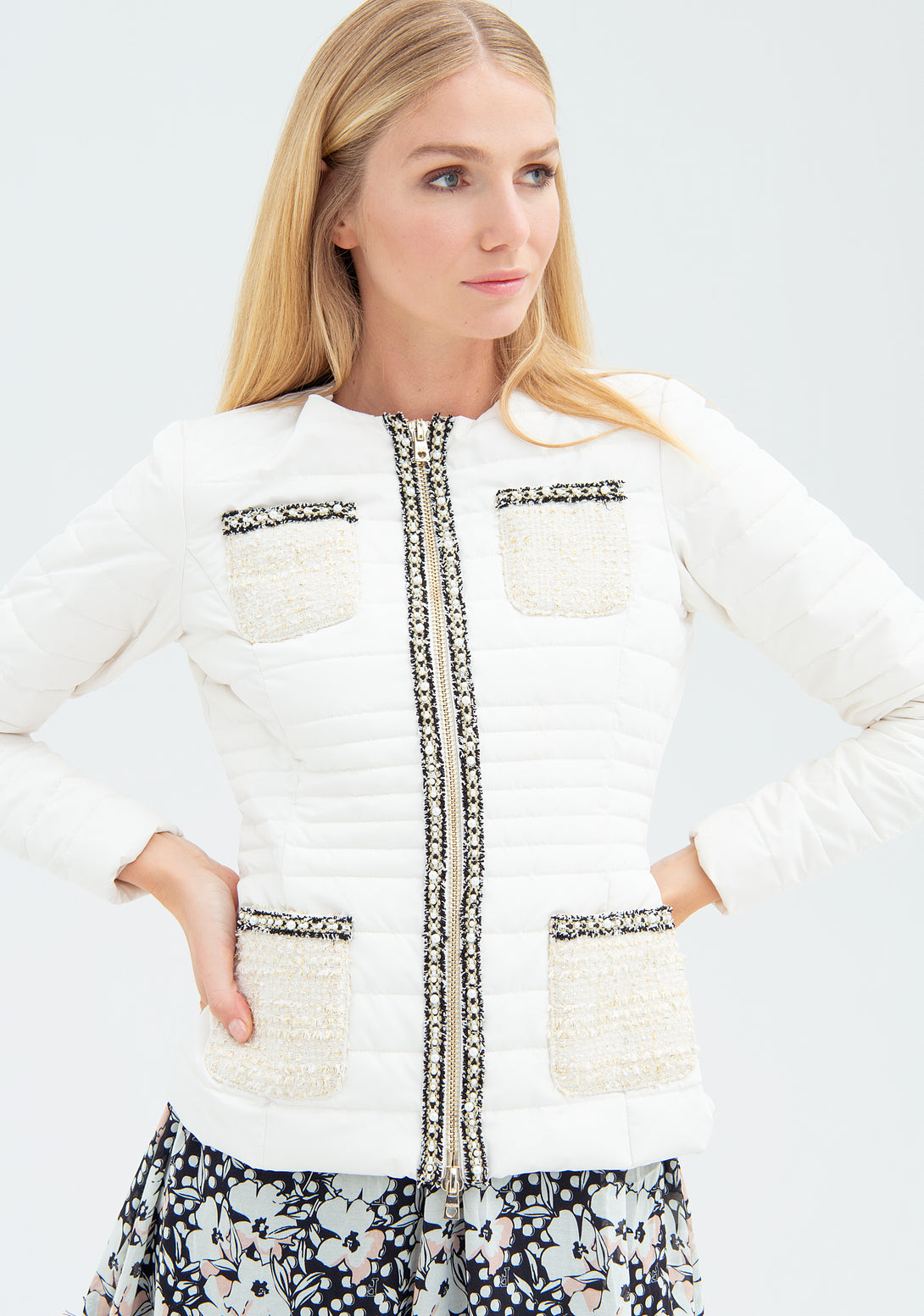 Light padded jacket slim fit with tweed details Fracomina FR22SC3004O42701-108