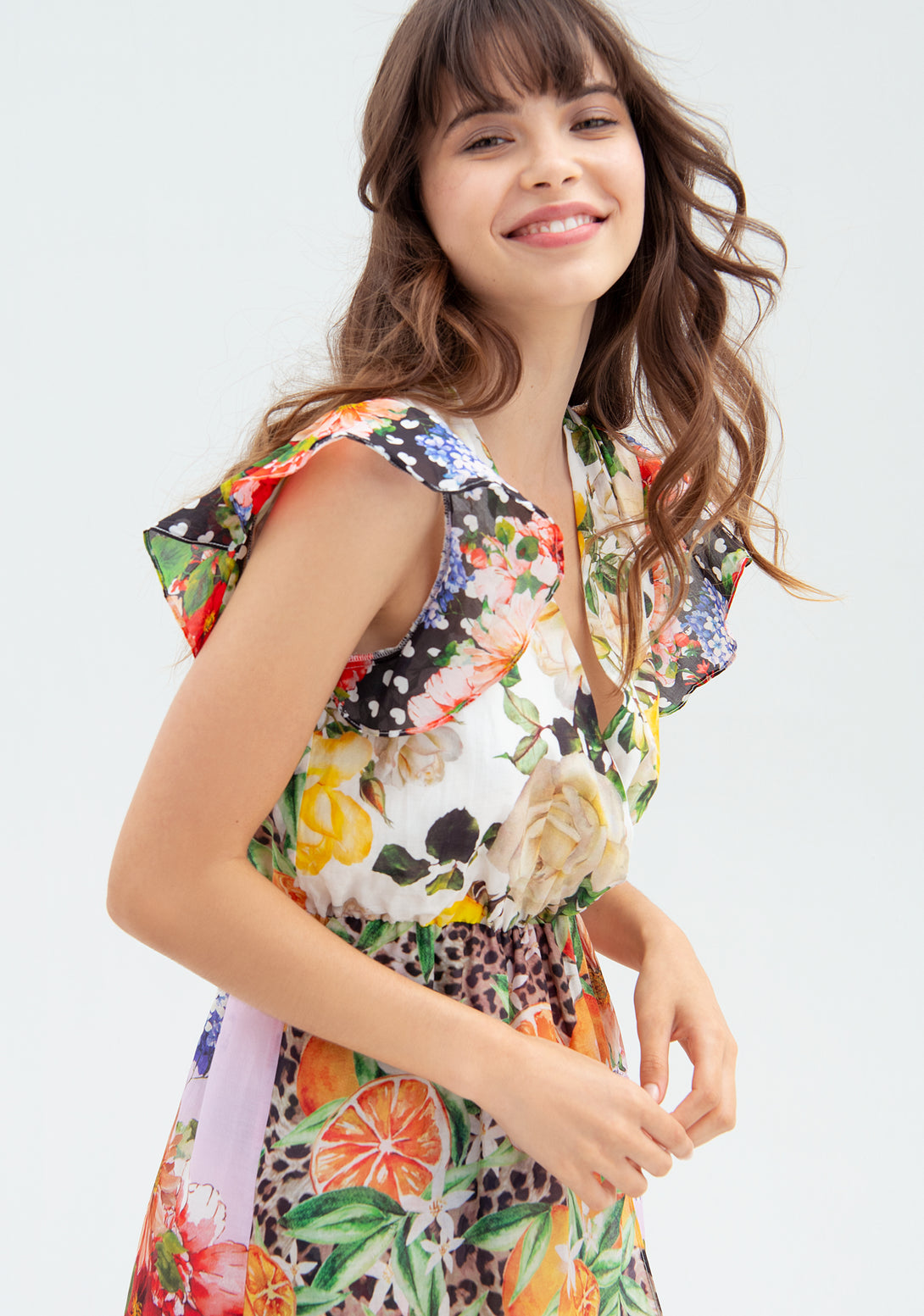 Mini dress with no sleeves with multicolor pattern