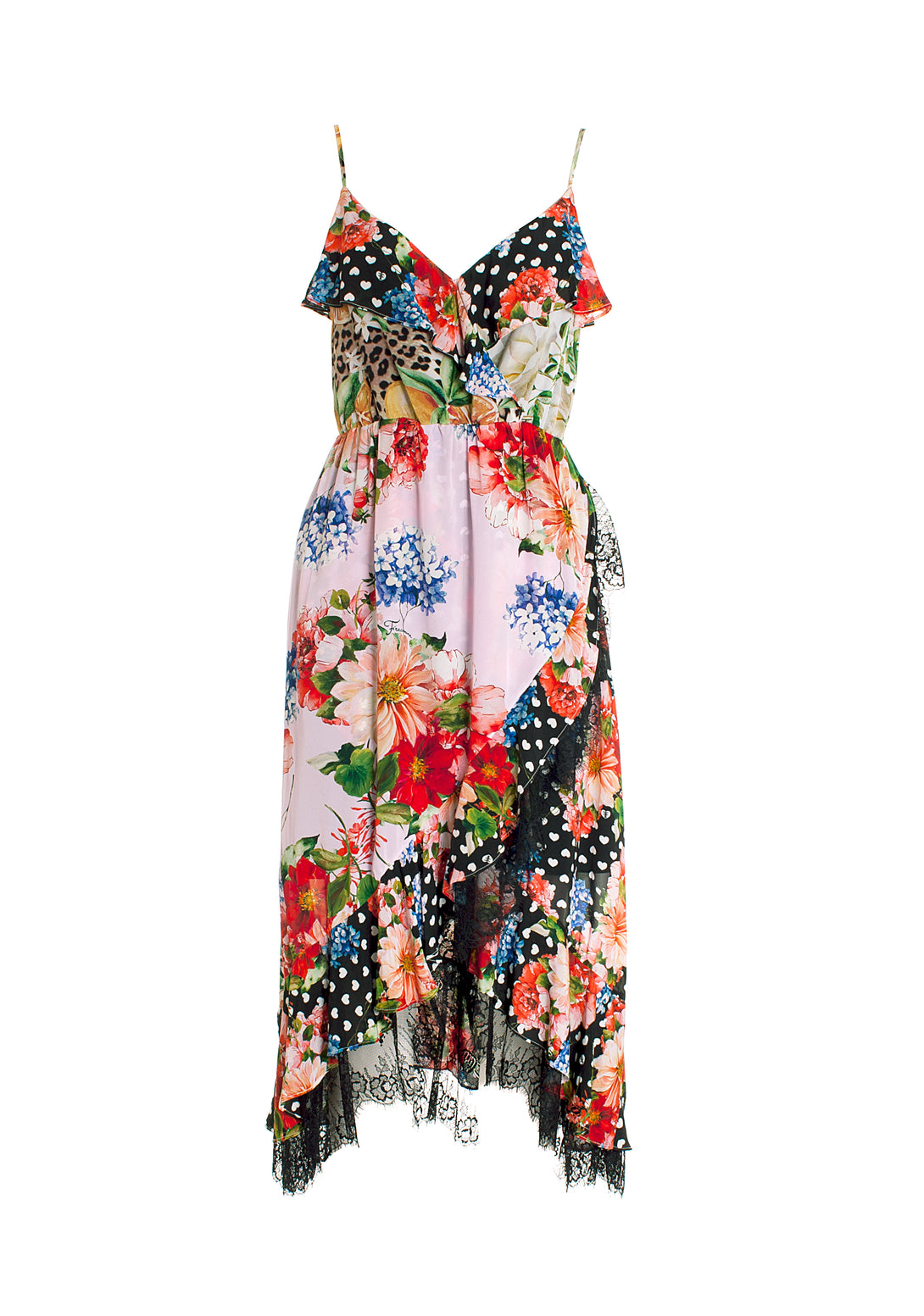Dress with no sleeves, middle length, and multicolor pattern