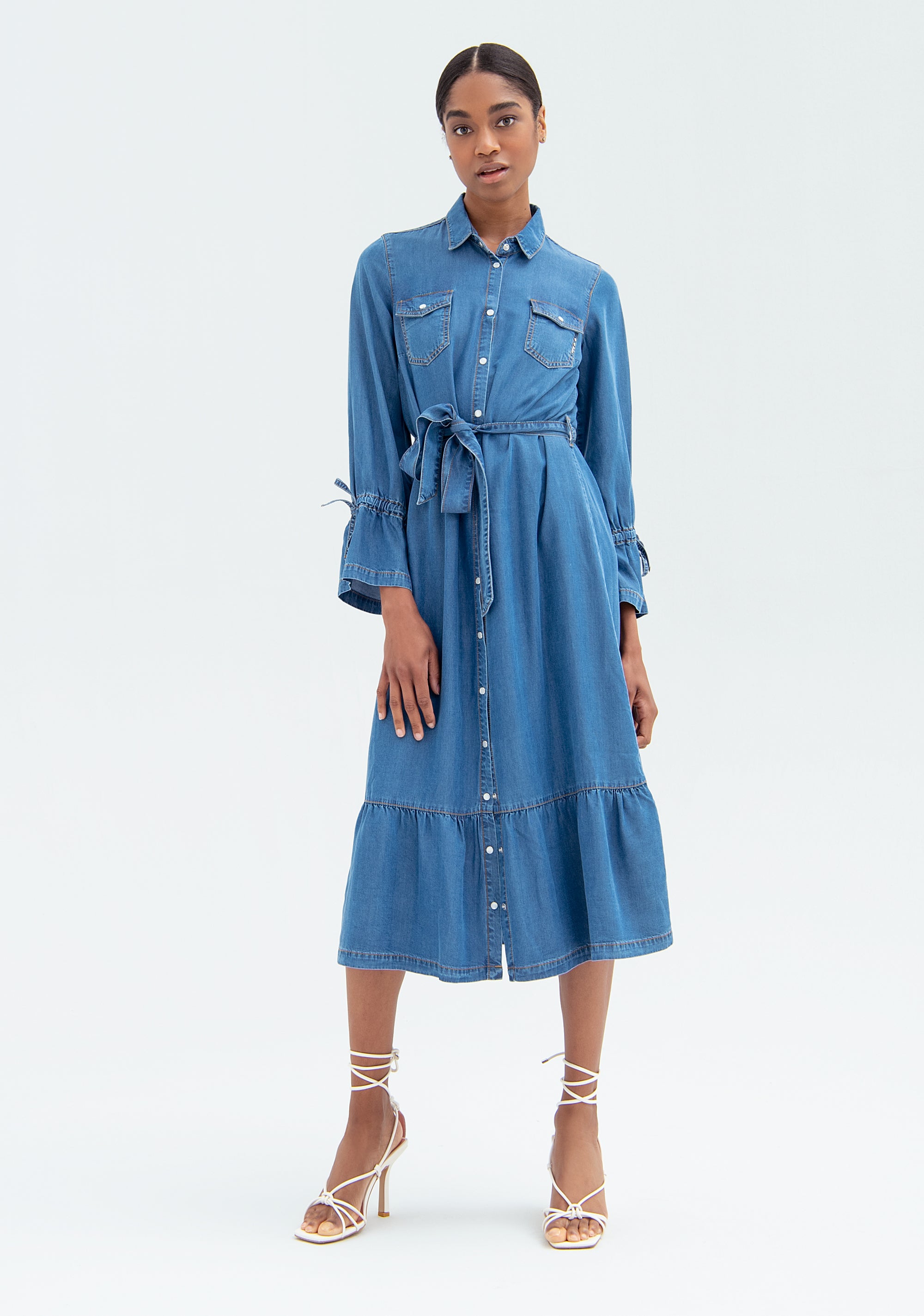 Chemisier dress with A-shape, middle length, made in chambray Fracomina FR22SD4007D41502-130