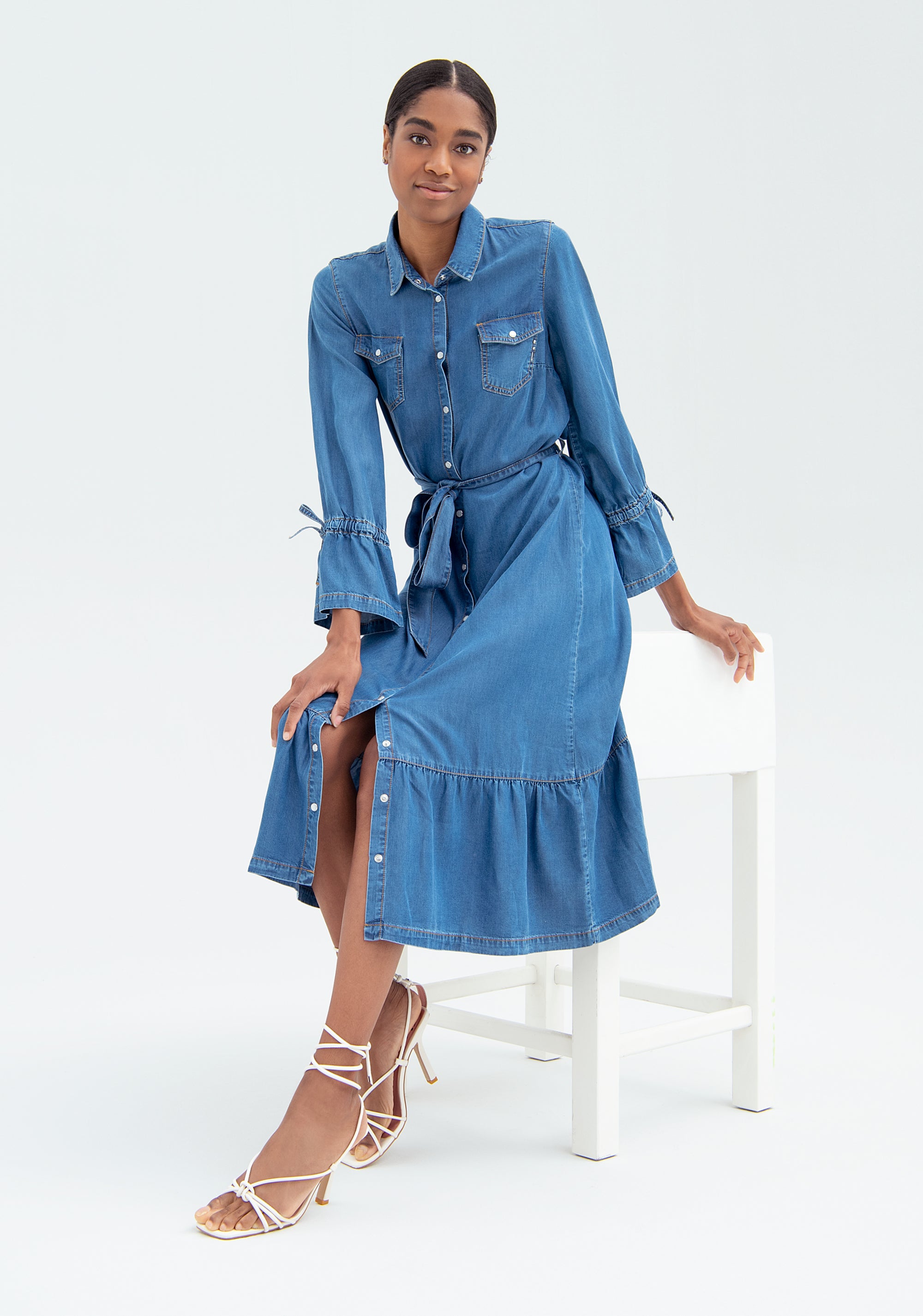 Chemisier dress with A-shape, middle length, made in chambray Fracomina FR22SD4007D41502-130_3