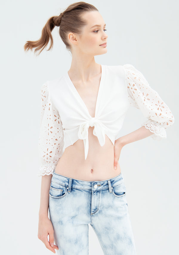 Cardigan cropped with sleeves made in San Gallo lace Fracomina FR22ST8007K485R1-108