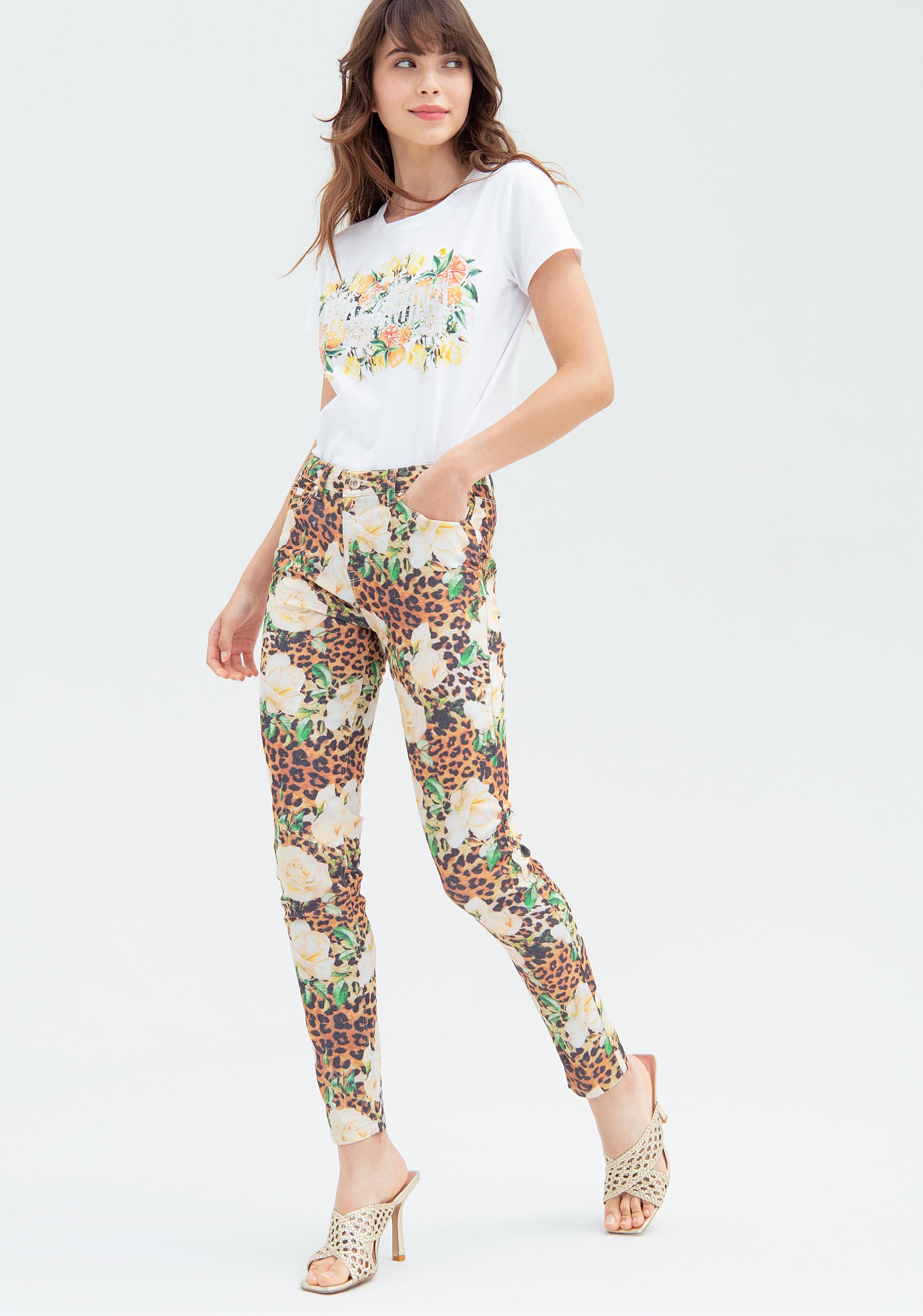 Pant skinny fit with flowery and animalier multicolor pattern Fracomina FR22SV7001D423N4-210_3