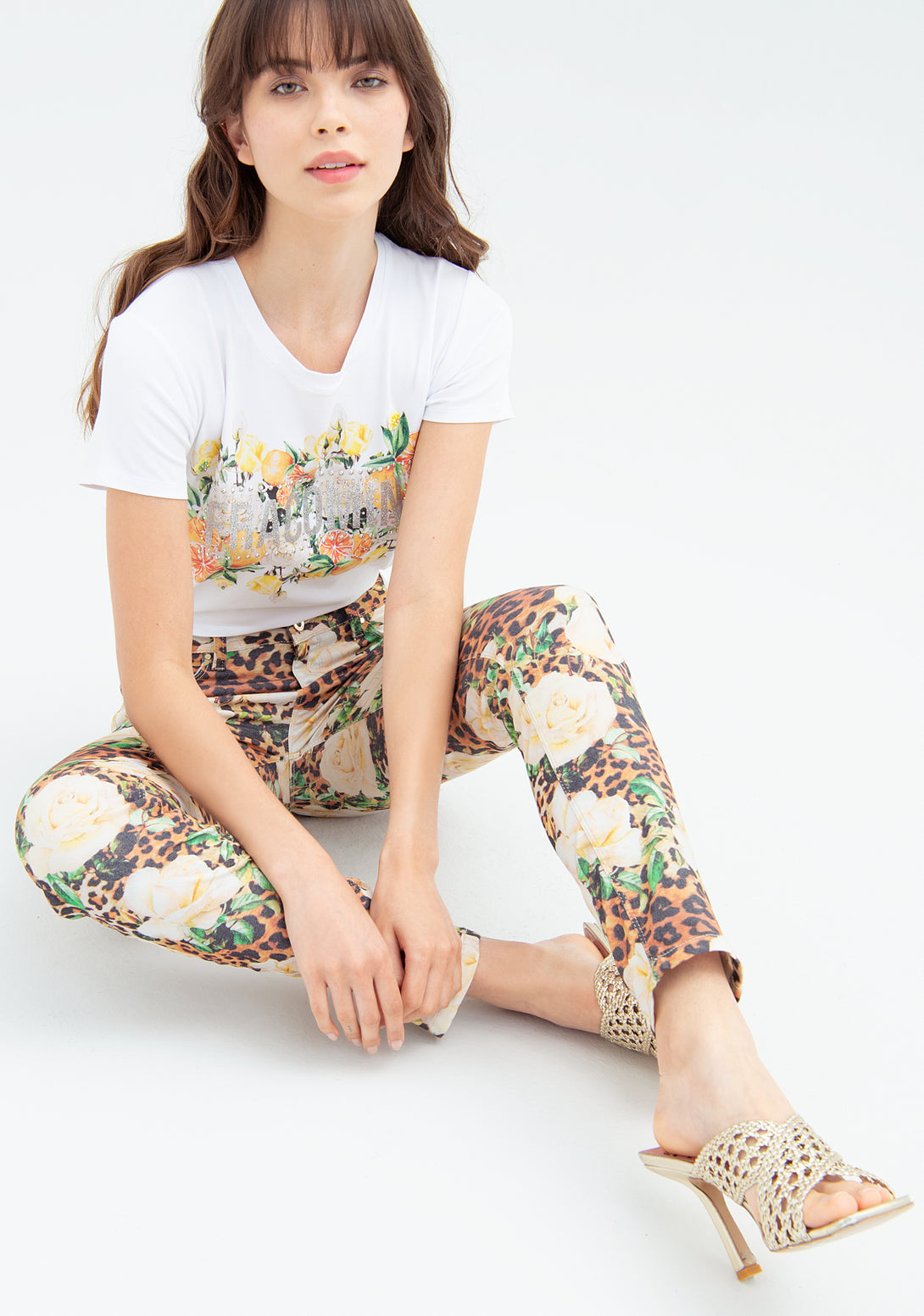 Pant skinny fit with flowery and animalier multicolor pattern