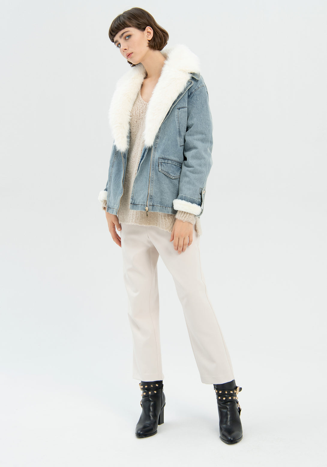 BIker jacket over fit made in denim with bleached wash Fracomina FR22WJ4002D40003-062