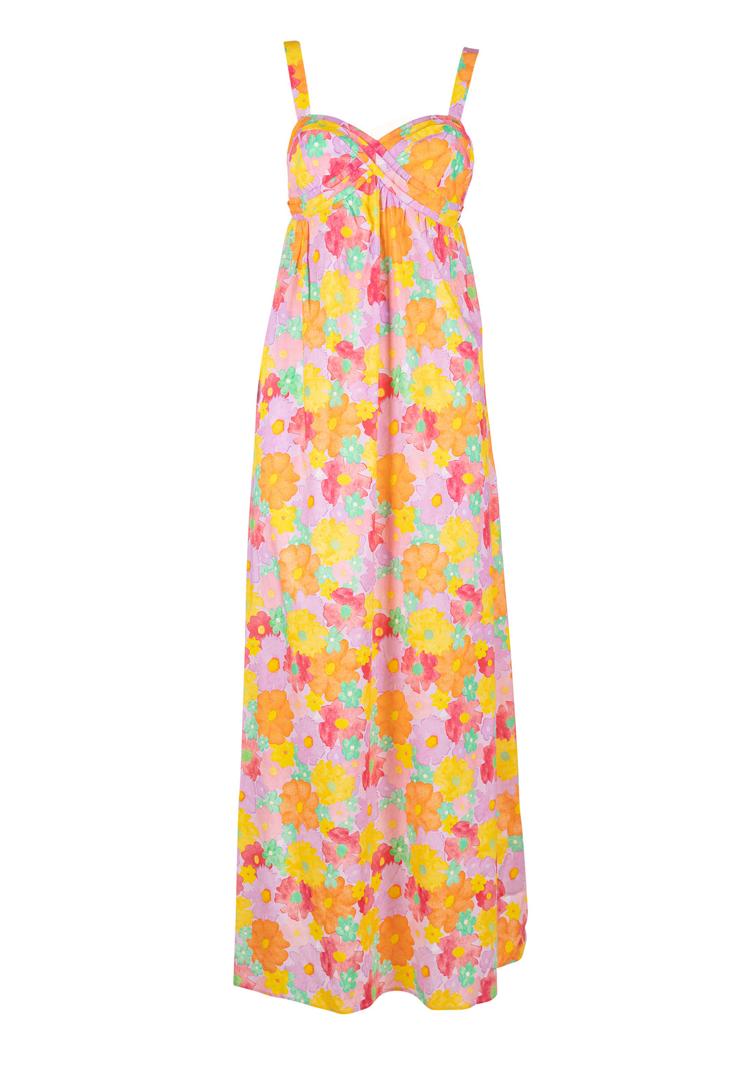 Long sleeveless dress with flowery pattern