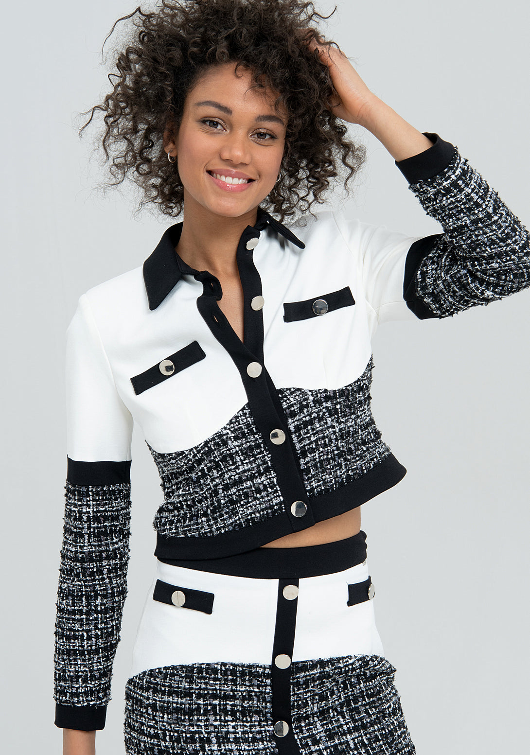 Jacket cropped made with mixed fabrics